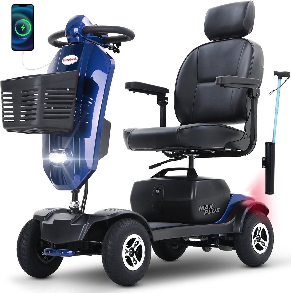 Elektrische scootmobiel - MAX PLUS - Senioren - Scootmobiel voor ouderen - Elektrische mobiliteit scooter - 300W motor - 136 kg draagvermogen - 25 km actieradius - 360° draaibare hoofdsteun - Blauw