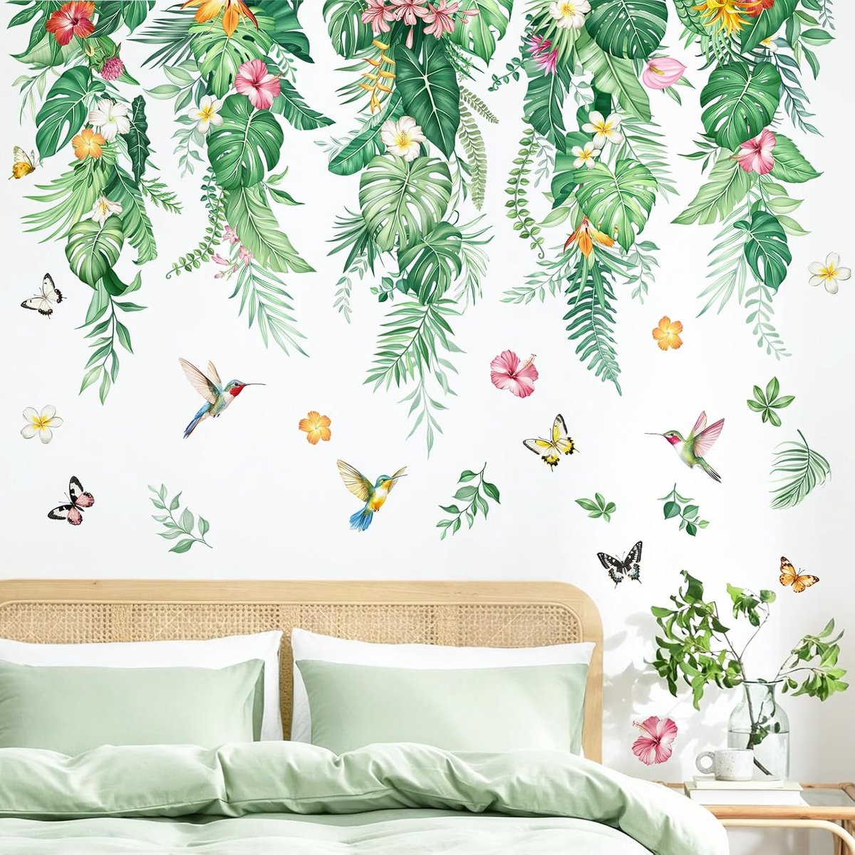 Supzone Muursticker Planten Tropische Bladeren Muursticker Opknoping Groen Palmbladeren Vogels Muurstickers Slaapkamer - ShopVlot