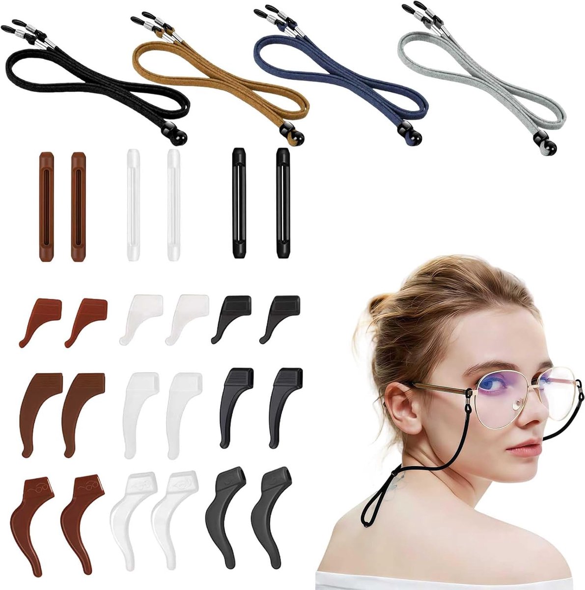 Brilband van Leer Set – 4 Stuks Brillenkoord + 13 Paar Antislip Oorhangers, PU Lederen Brilkoord, Verstelbare Lengte - ShopVlot