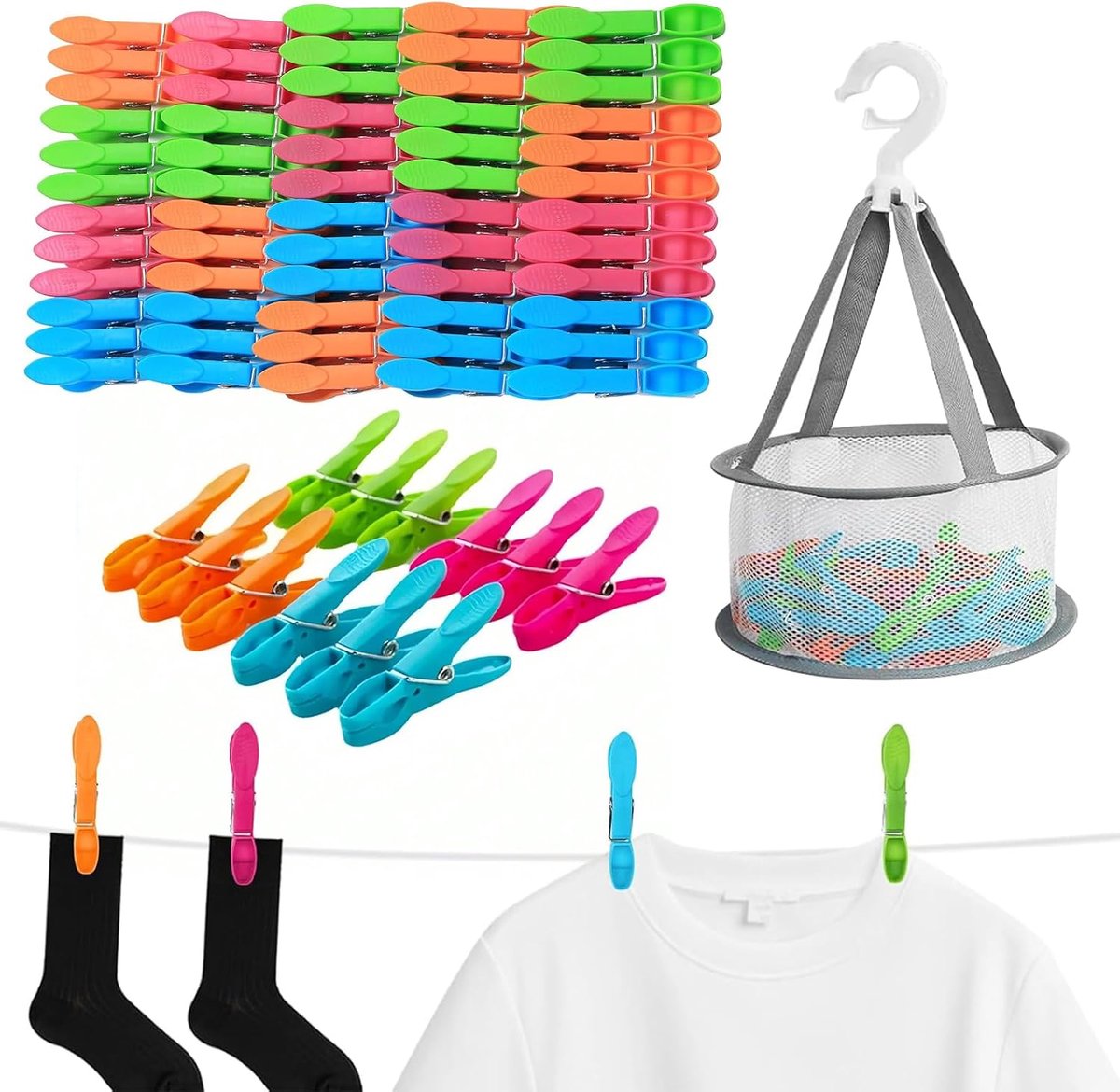 48pcs Clothes Pegs with Clothespin Basket, Windproof Colorful Clothespins Without Printing, Sock Pegs & Towel Cutters - ShopVlot