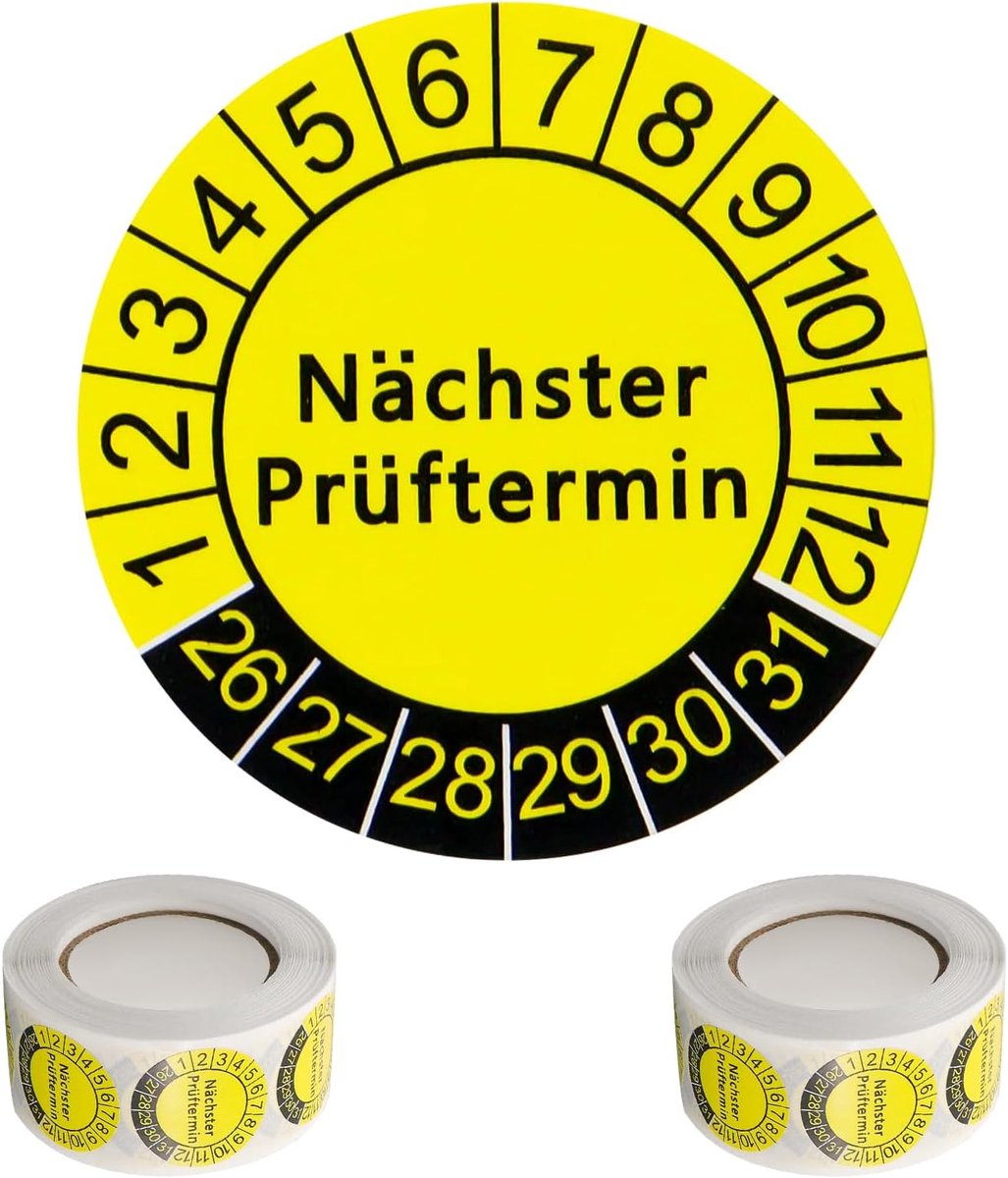 1000 stuks 25 mm testplaten, 2026-2031 volgende testdatum, geel, onderhoudsetiketten, testplaatje ladders en trap - ShopVlot