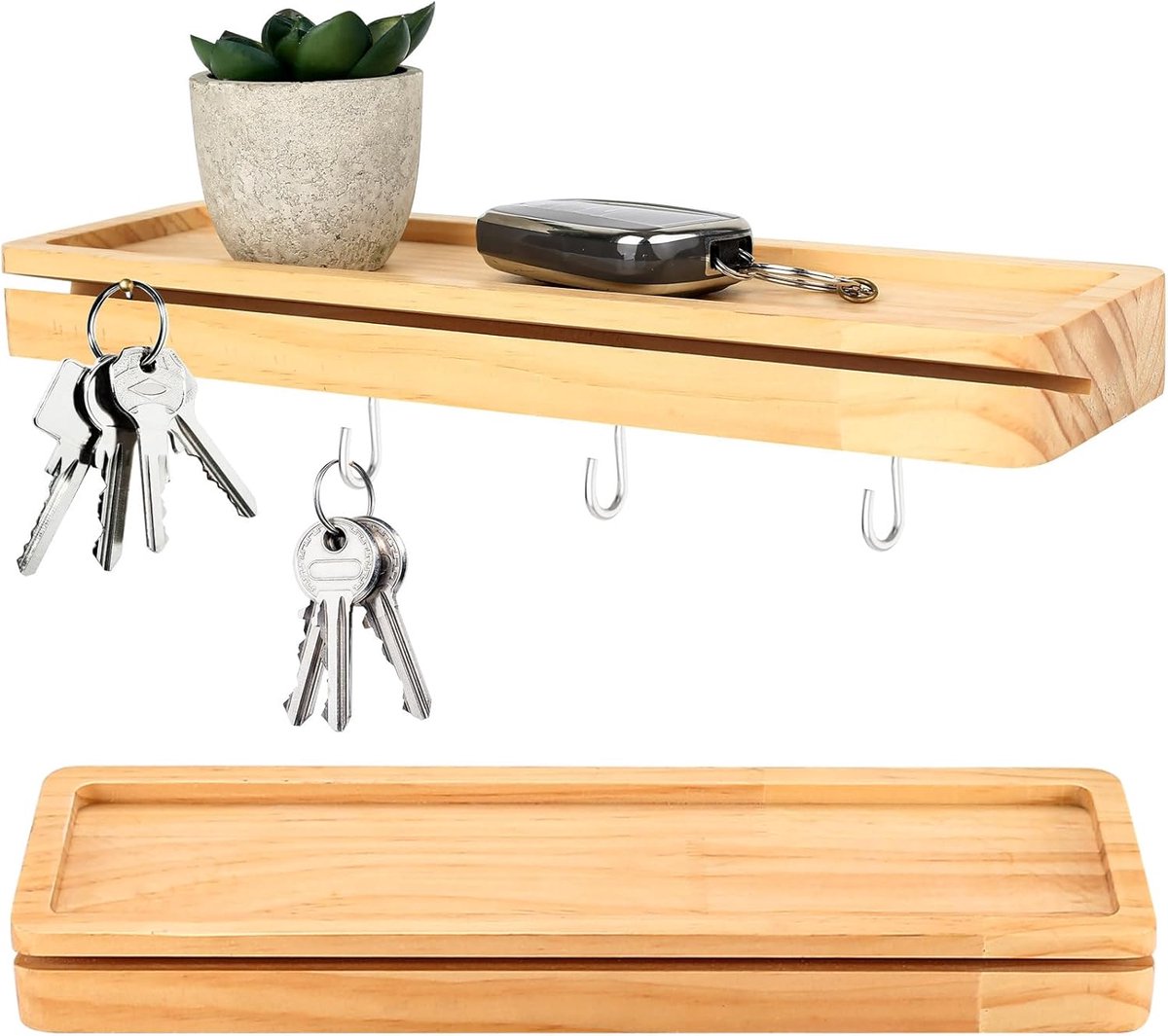 Wooden Wall Mounted Key Ring with Shelf Key Box with 4 Hooks for Entrance Hallway Bedroom Office Interior Decoration - ShopVlot