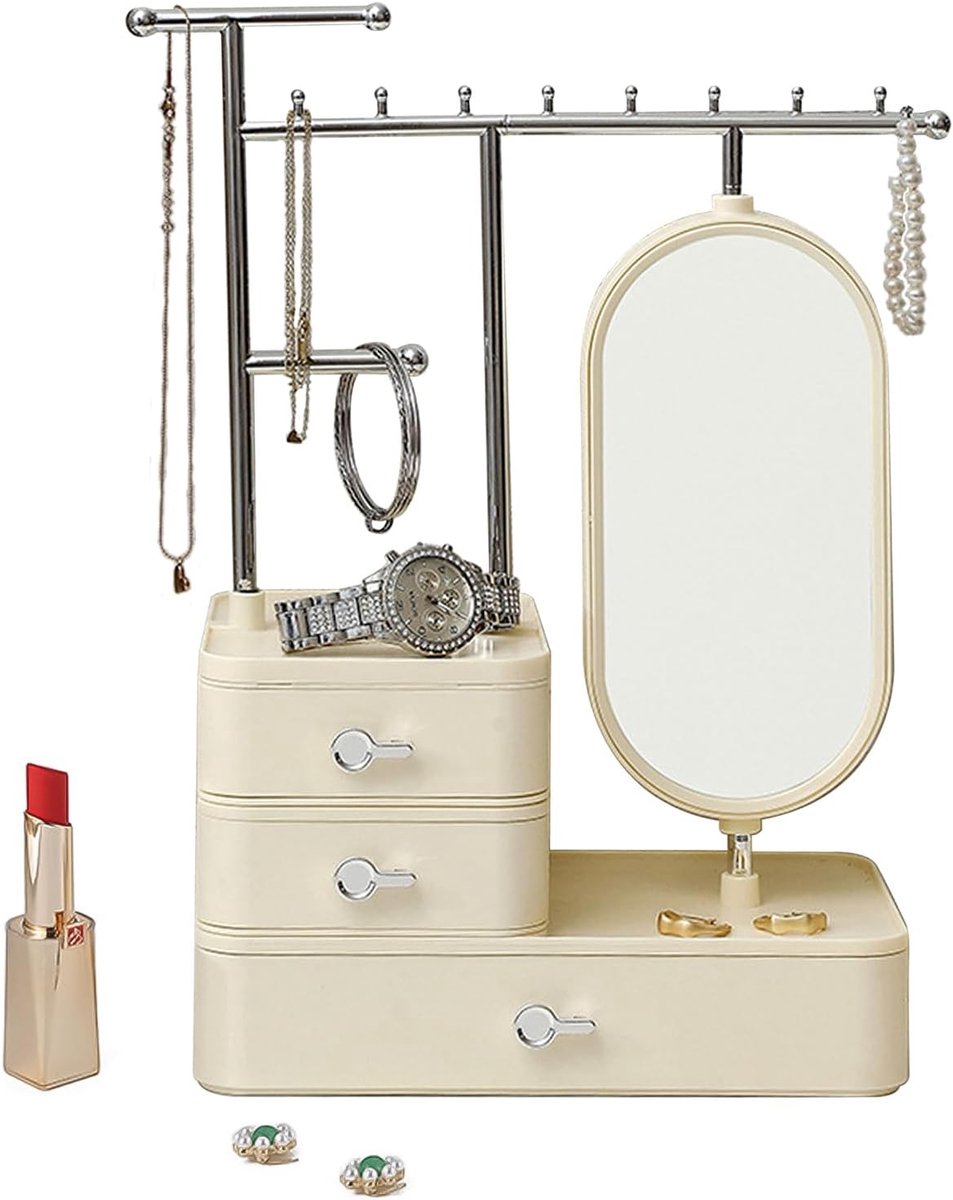 Jauhmui Jewelry Stand with Drawer, Jewelry Holder, Necklace Stand with Mirror, Jewellery Tree, Watch Stand, Earring - ShopVlot