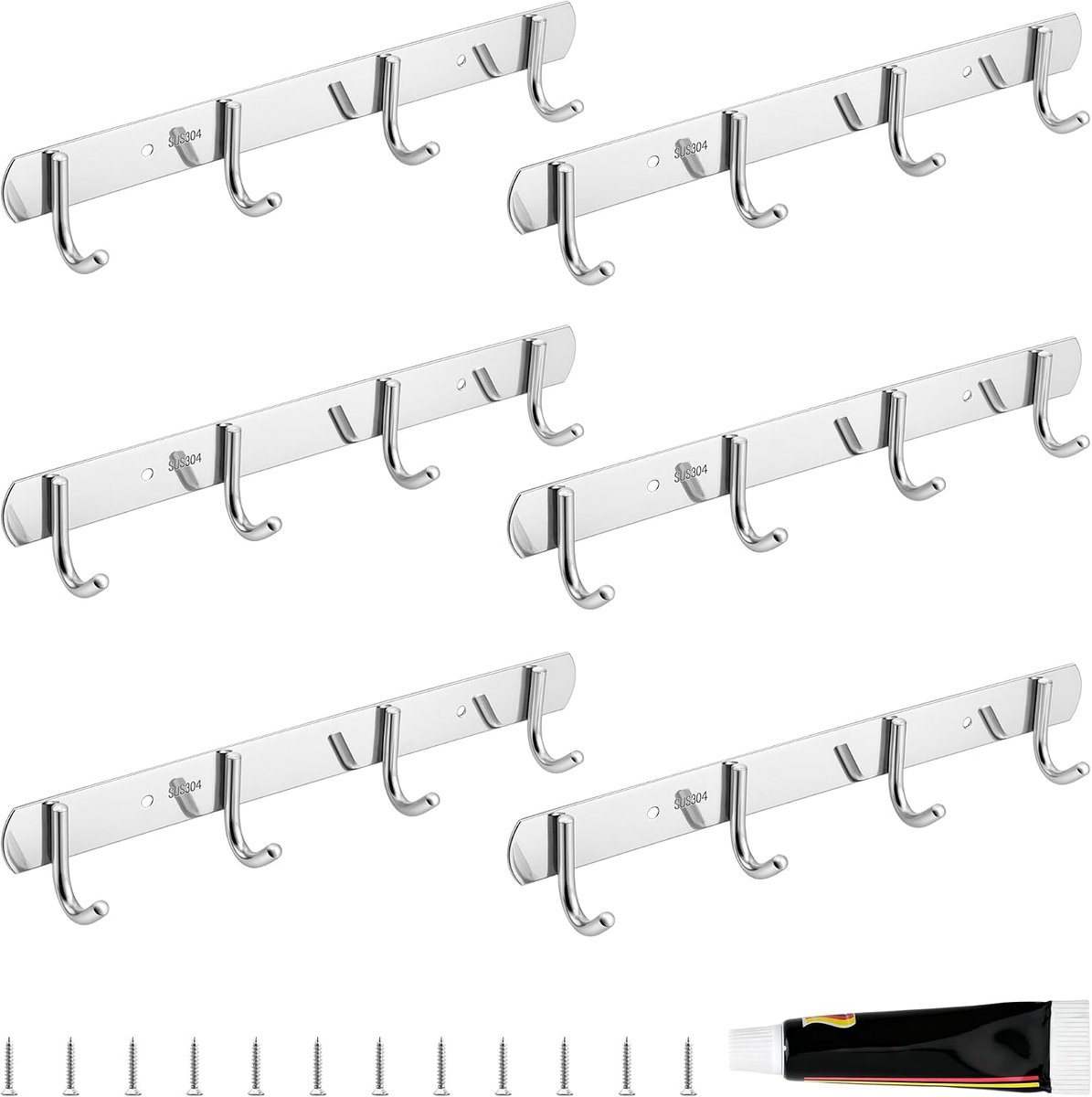 6 stuks hakenlijst van roestvrij staal, keukenlijst met 4 haken, 29 x 3 x 4,8 cm, kledinghaken, muur, zelfklevend, met - ShopVlot