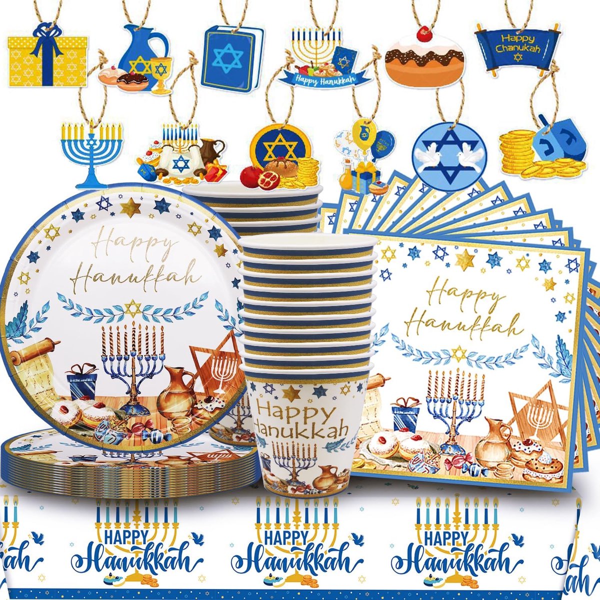 73-Piece Chanukka Party Dinnerware Set, Party Supplies for 20 Guests Decorations Happy [Plates, Napkins, Cups - ShopVlot
