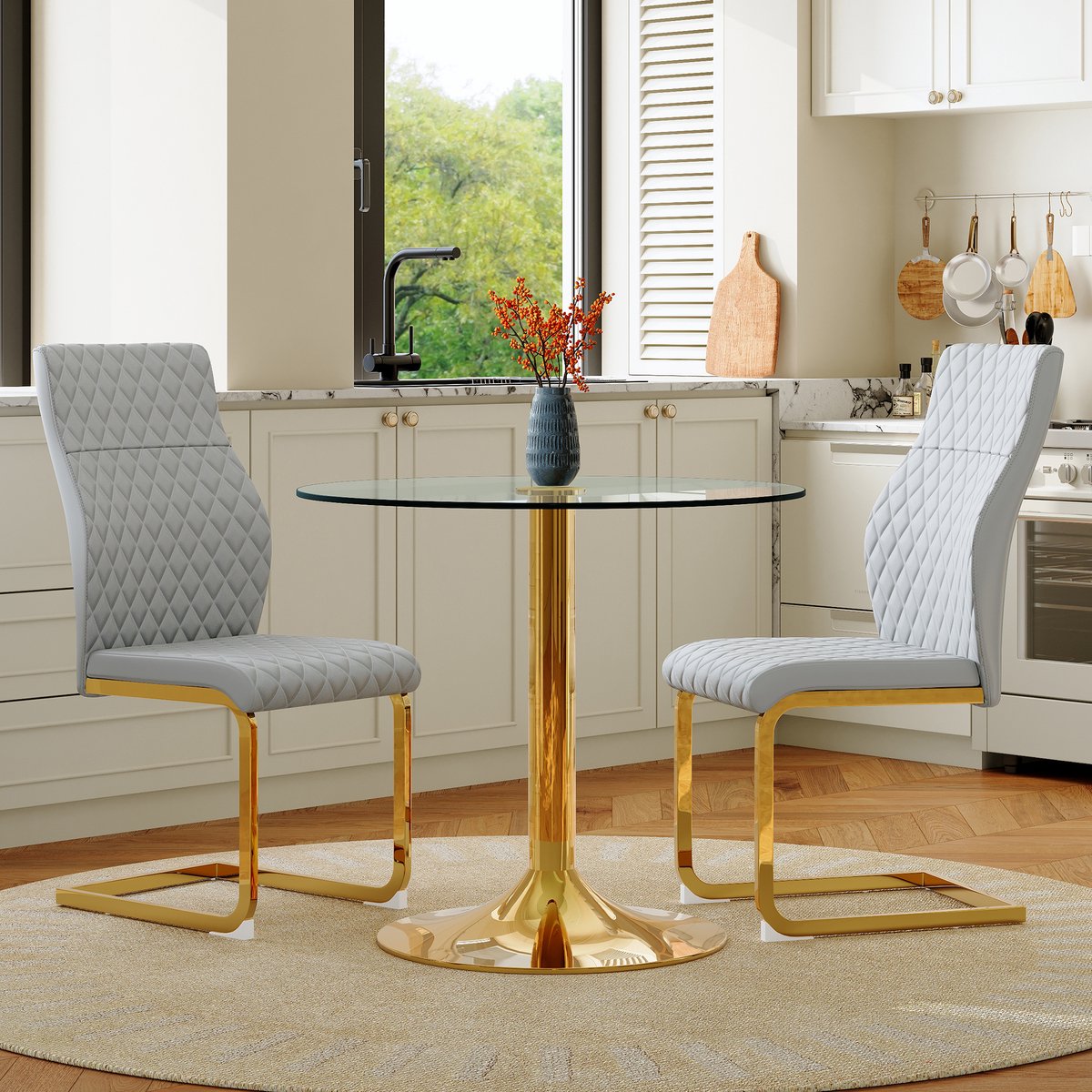 COVREO Eettafel set 85 cm, transparant goud metaal, 2 stoelen modern