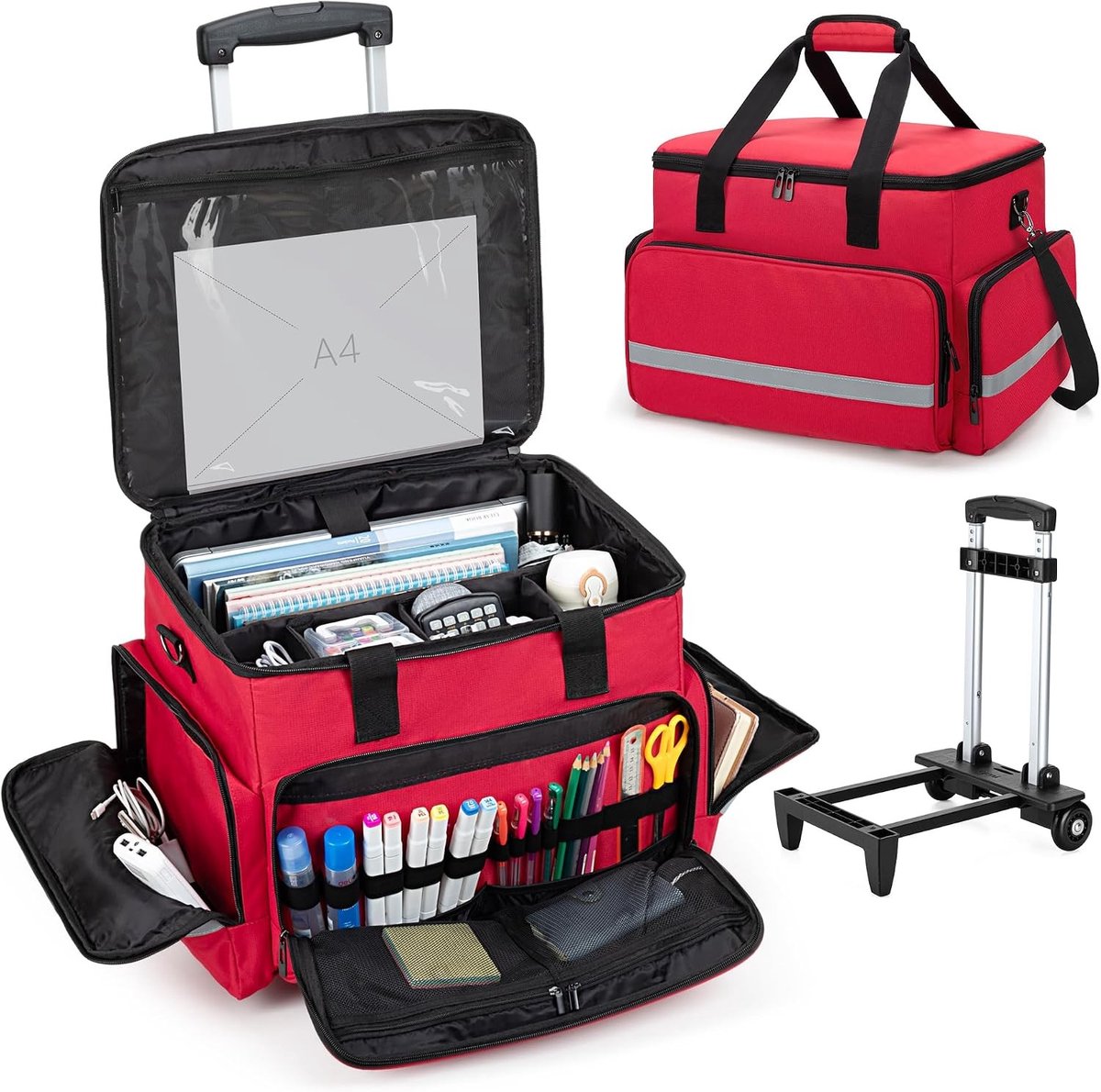 Multifunctionele Rollende Tas voor Leraren met Gevoerde Sleeve voor 14 Inch Laptop, Ideaal voor Onderwijs, Kantoor en Creatieve Projecten, Zwart
