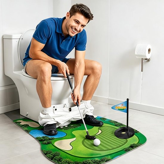 Mini-potje golfset - toiletgolf met putmat - 2 golfballen en vlaggenstok - leuk toiletspel voor tijdens het wachten - ShopVlot van MINI — afbeelding 5