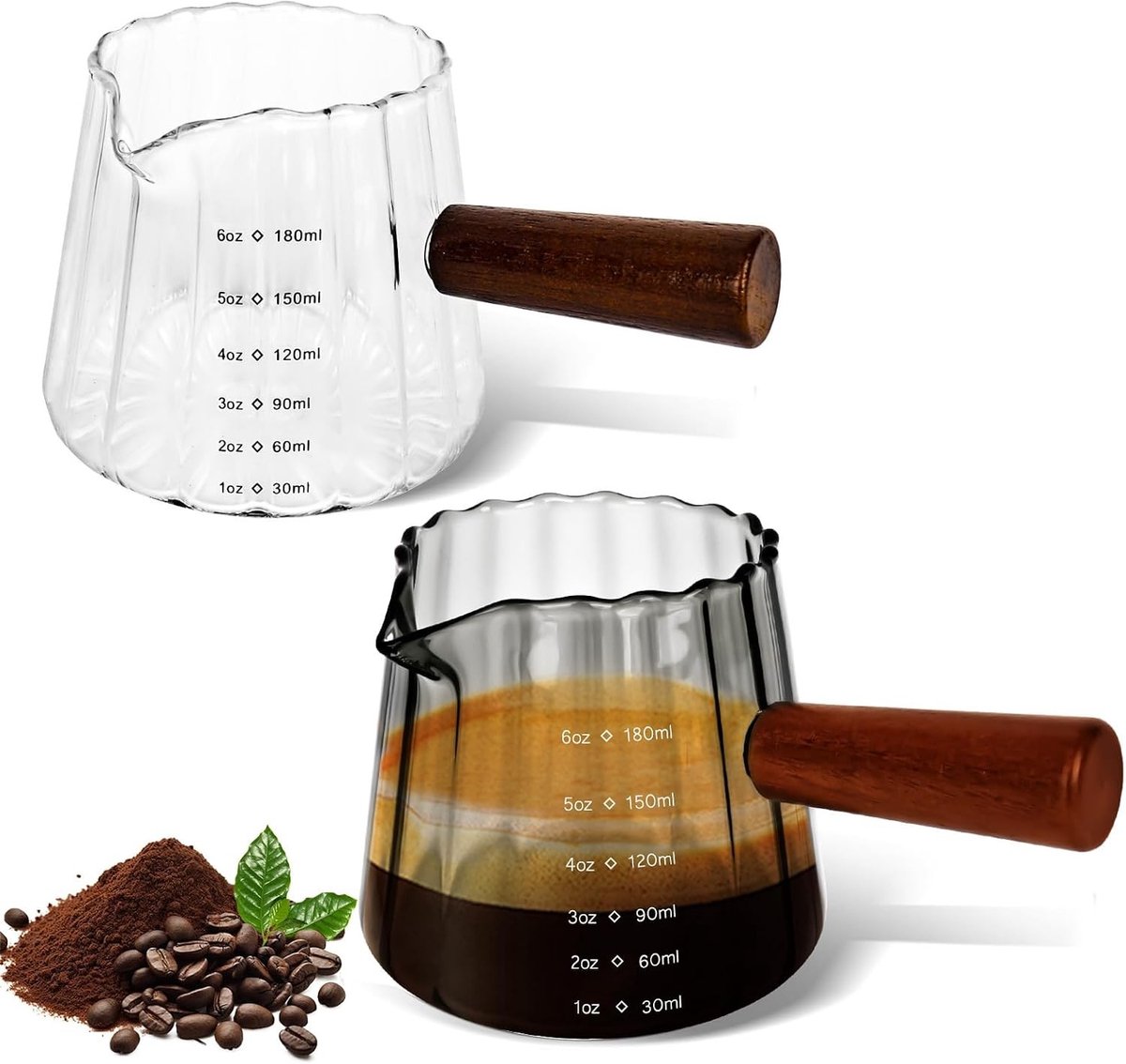 Set van 2 glazen espresso maatbekers met houten handvat - 180 ml doorzichtige maatglazen voor koffie, cocktails en melkmaken met V-vormige opening