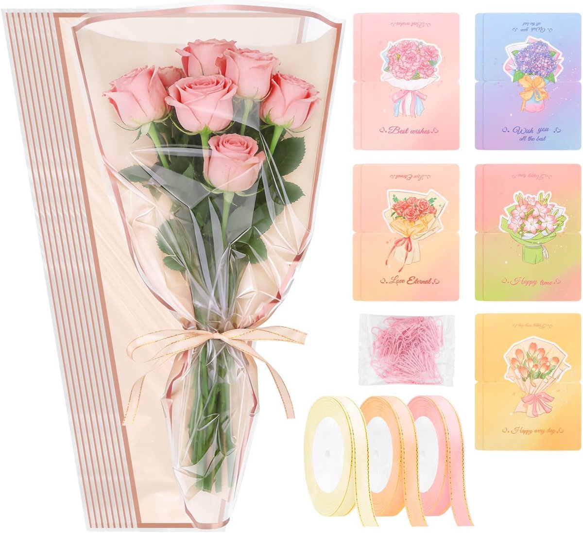 Bloemen boeketmouwen 50 stuks - doorzichtig - met lint en kaarten - perfect voor bruiloften - ShopVlot