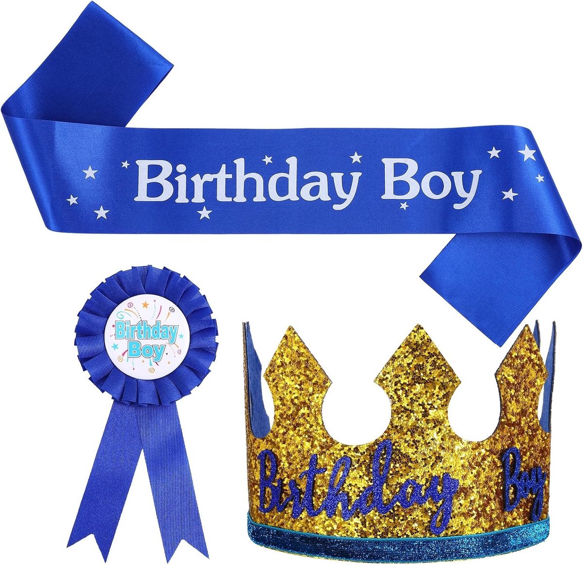 Gouden verjaardagskroon met sjerp voor jongens, perfecte hoed voor themafeest en kostuumaccessoires