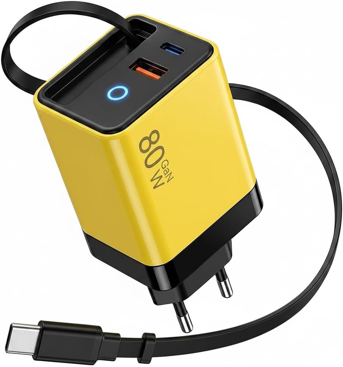 USB-C-oplader 80 W - intrekbare kabel - 3 poorten - snel opladen voor iPhone 17/16/15 en laptop - ShopVlot