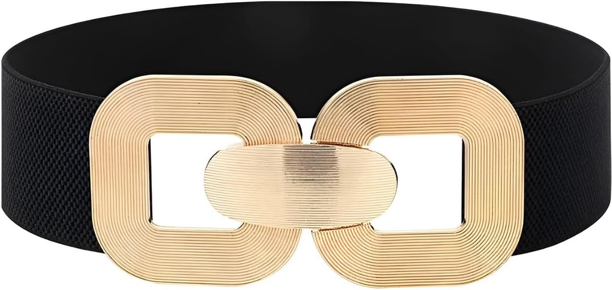 Elastische tailleriem dames - retro zwart - vierkante ronde gesp - perfect voor feest - ShopVlot