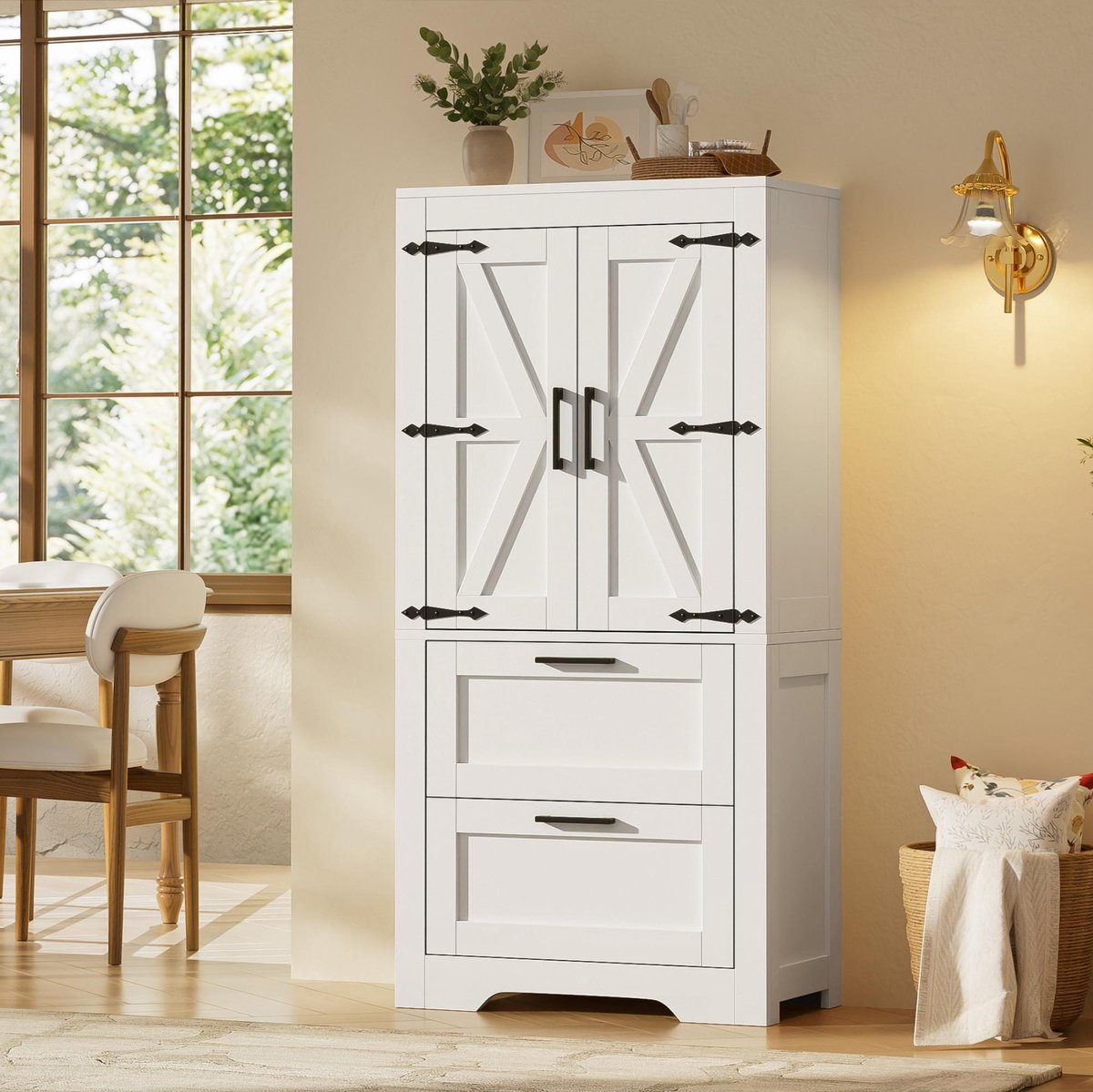 OKWISH Keukenkast - Landhuisstijl Met Scheunendeur-Design - 60 x 30 x 128 cm - 2 Lades En Verstelbare Legplanken - MDF Wit