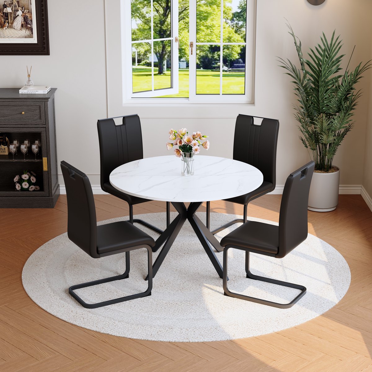 COVREO Eettafelset zwart wit, ronde tafel met 2 stoelen, MDF en metaal