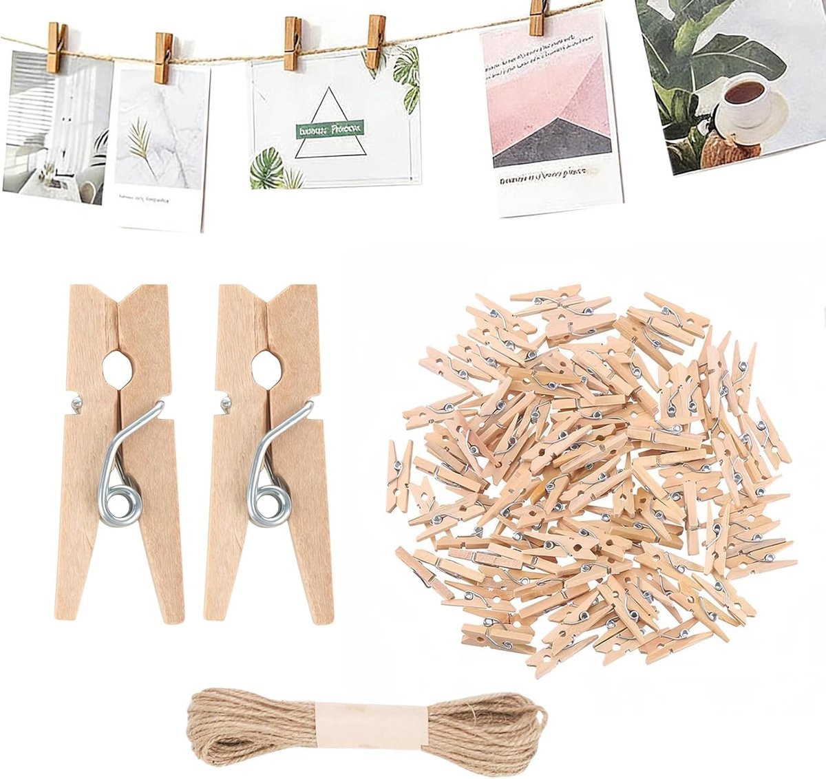 Juego de 100 Mini Pinzas de Ropa de Madera Natural de 30MM con Cuerda de Yute de 10M para Decoración y Proyectos DIY - ShopVlot