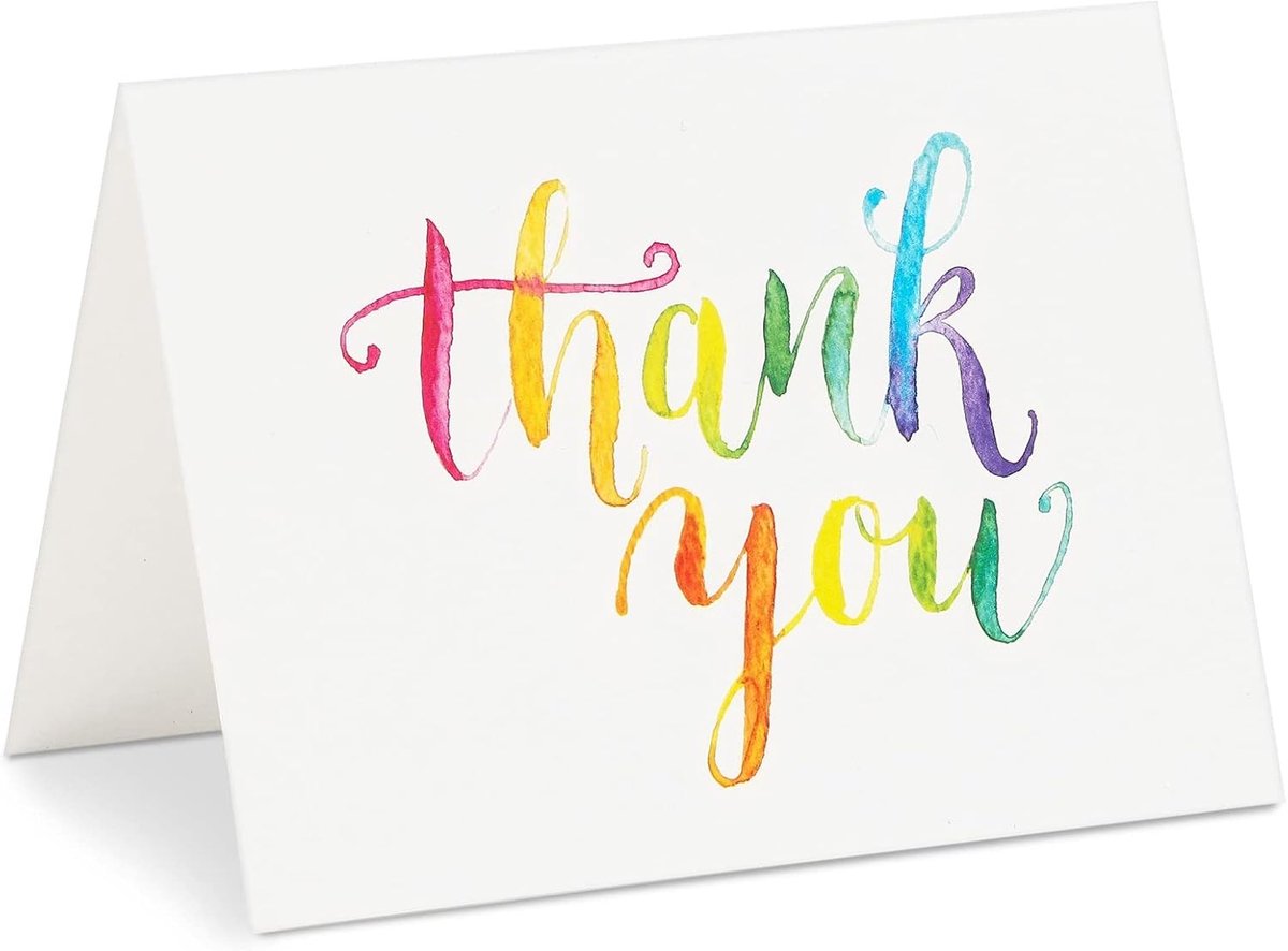 Bedankkaarten 120 stuks - aquarel regenbooglettertype - blanco binnenkant - perfect voor bruiloften - ShopVlot