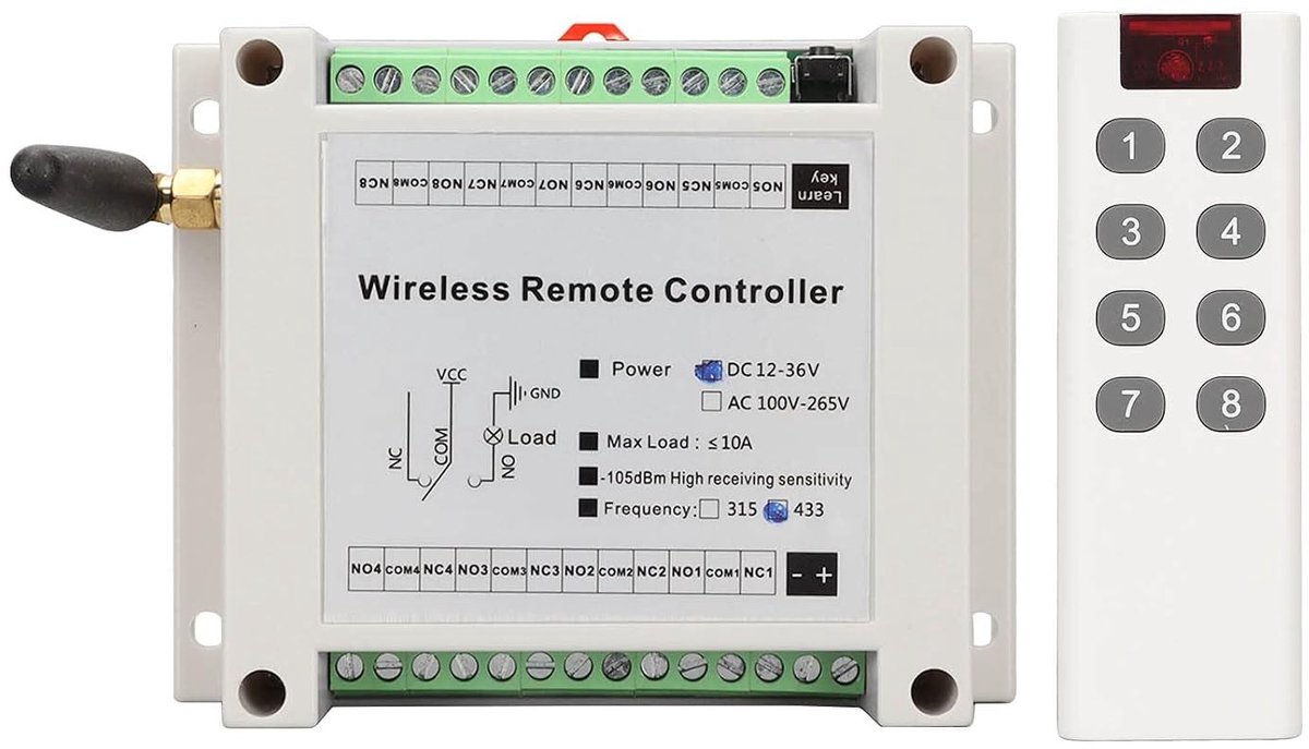 8-kanaals relaismodule voor lampenbesturing, 10A DC 12V-36V, met afstandsbediening en schakelfunctionaliteit