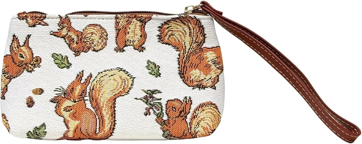 Signare Tapestry Squirrel Pattern Wristlet Clutch, White with Brown Leather Strap (Squirrel Nutkin, WRIS-BP-NUTKIN) - ShopVlot
