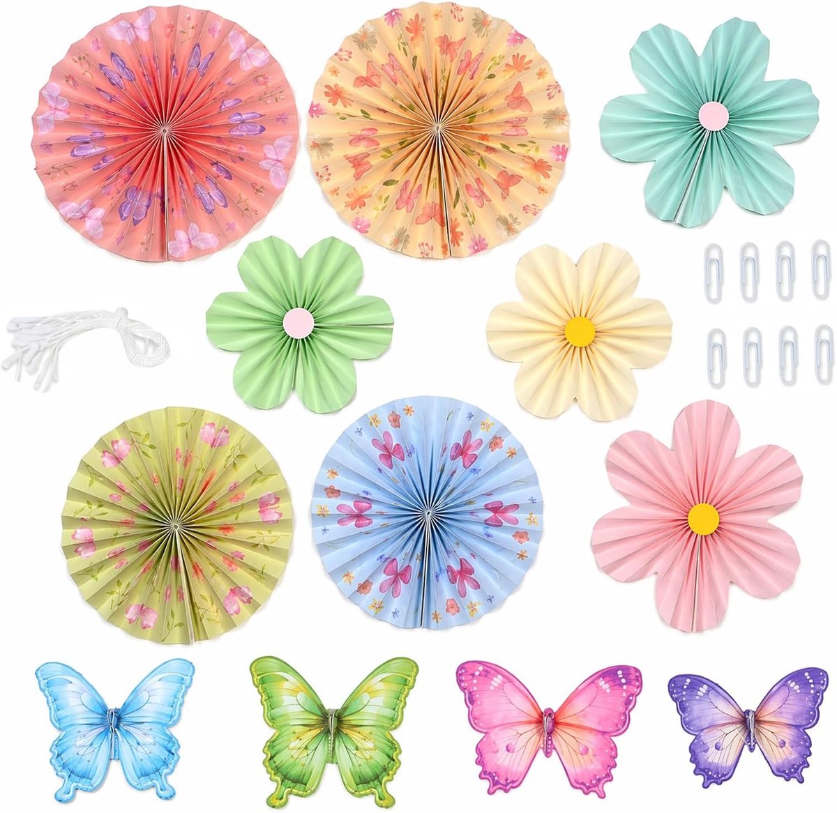 12 stuks feestdecoratie, papieren waaiers en 3D-vlinders, hangende papieren rozetten voor verjaardag, bruiloft - ShopVlot