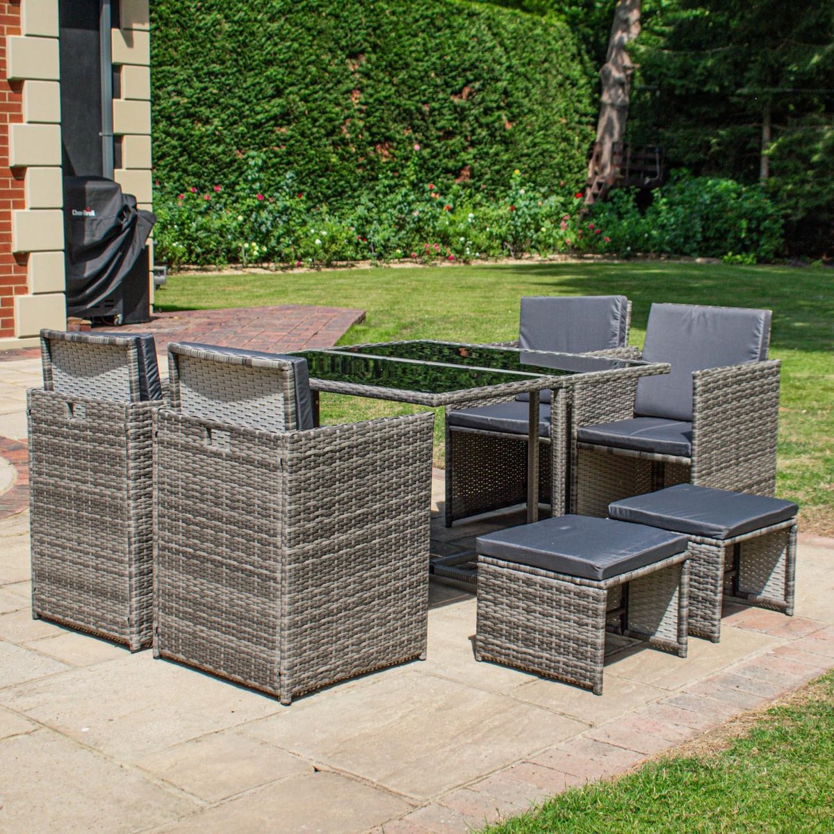 BPS® Deluxe 8-persoons rotan eethoek in kubusvorm - Tuinmeubelset met tafel, stoelen en krukken - ShopVlot