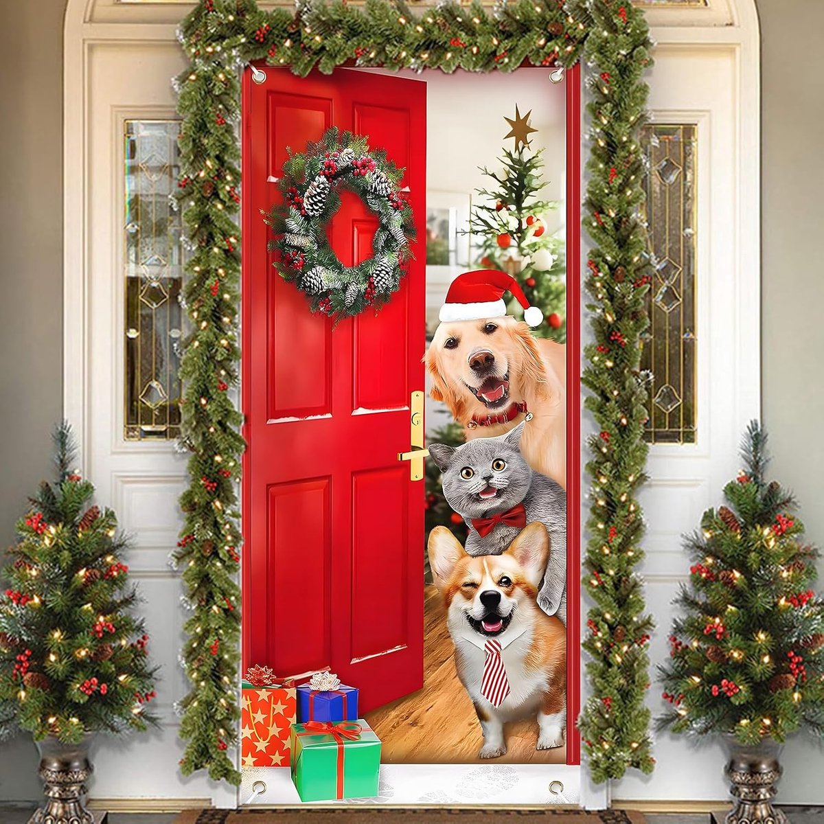 Kerstdecoratie voor deur 200 x 90 cm - polyester - geschikt voor huisdieren - sfeervolle kerstversiering - ShopVlot