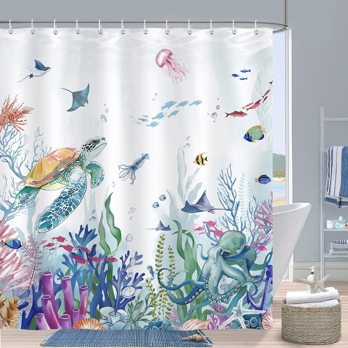 Douchegordijn zeedieren 180 x 200 cm - polyester - waterdicht - levendige onderwaterwereld - ShopVlot