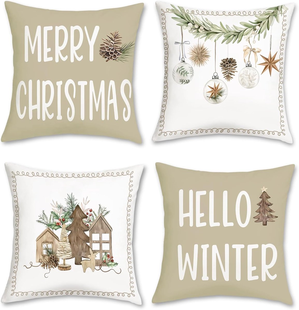 Kussenhoezen 45 x 45 cm - Pluche - Kerstbomen en Ballen - Gezellige winterdecoratie set van 4 - ShopVlot