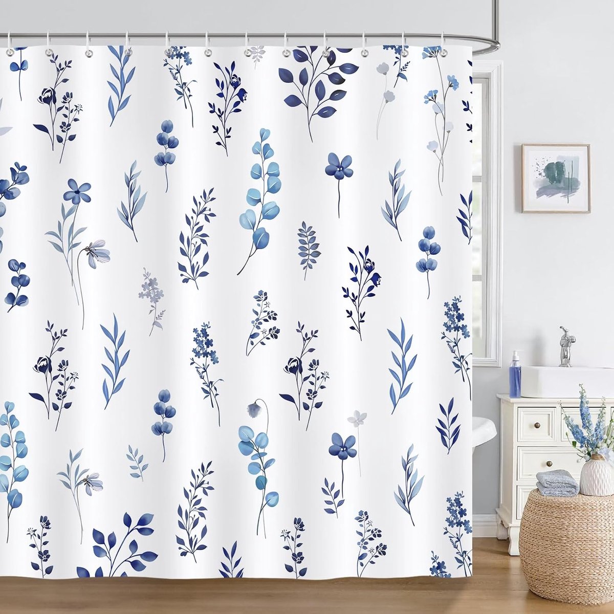 Douchegordijn 180x180cm - blauw bloemen en bladeren - polyester - waterdicht en schimmelbestendig - ShopVlot