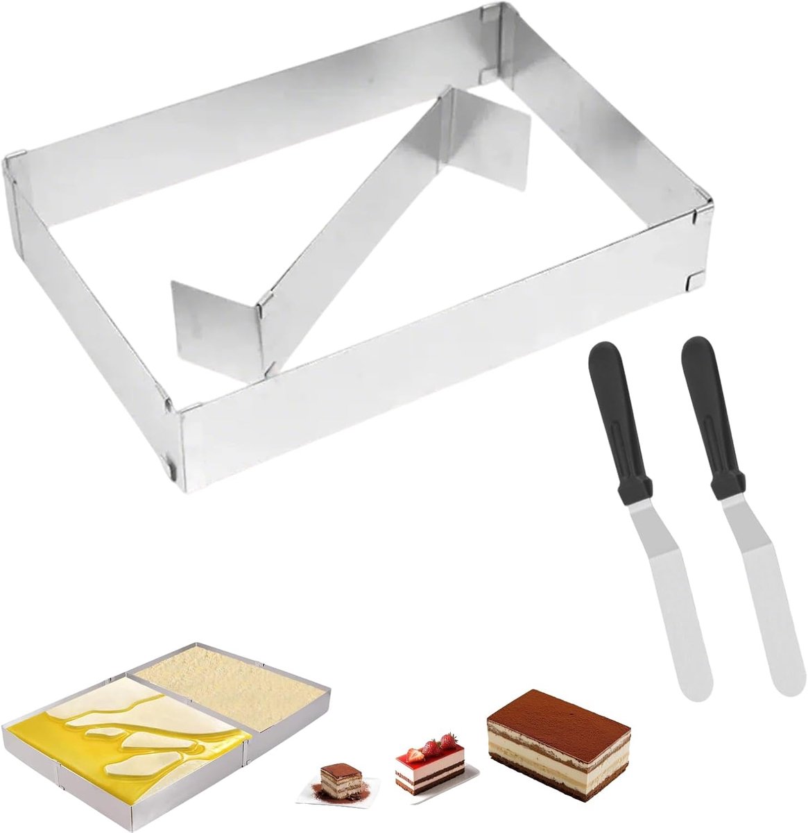 SnelShoppen - Vierkante Taartring - Rechthoekig Bakframe Verstelbaar 5 cm Hoog - Met Verdeler en Spatel - Ideaal voor Tiramisu, Gelaagde Taarten, Taar