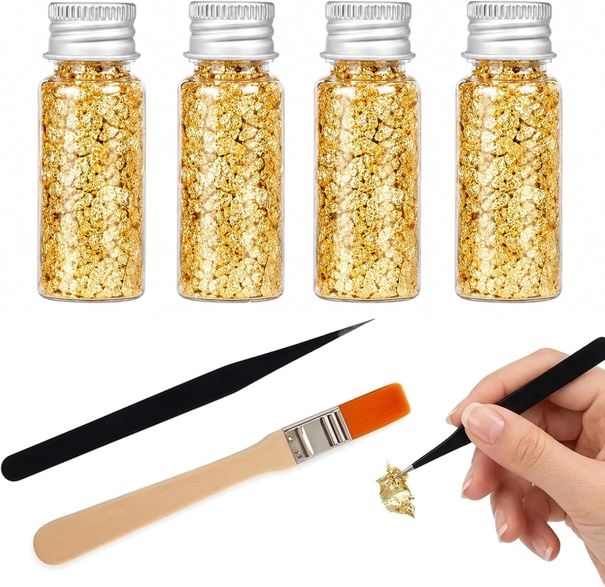 Gouden blad 4 flessen - fragmenten met pincet en kwasten - voor cake decoratie - elegante uitstraling - ShopVlot