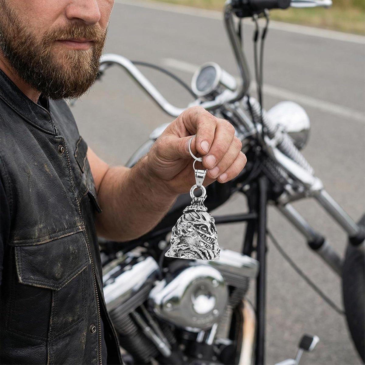 Motorfietsbel drakenbel - sterling zilver - doodskop ontwerp - geluk op de weg - ShopVlot