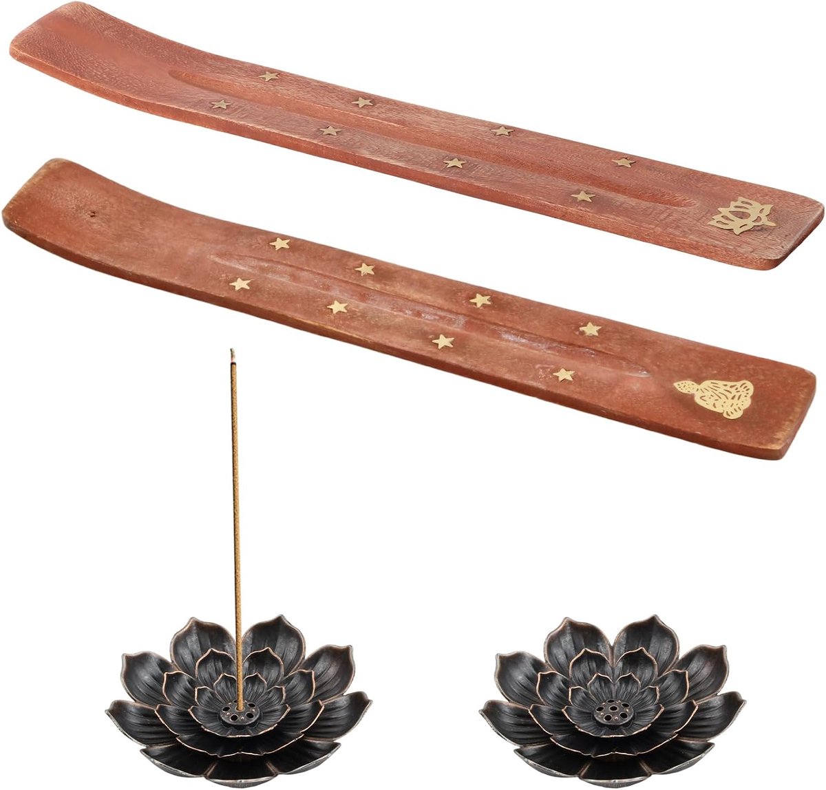 Wierookhouders 2 stuks - houten en bronzen - 6 gaten - voor meditatie en ontspanning - ShopVlot