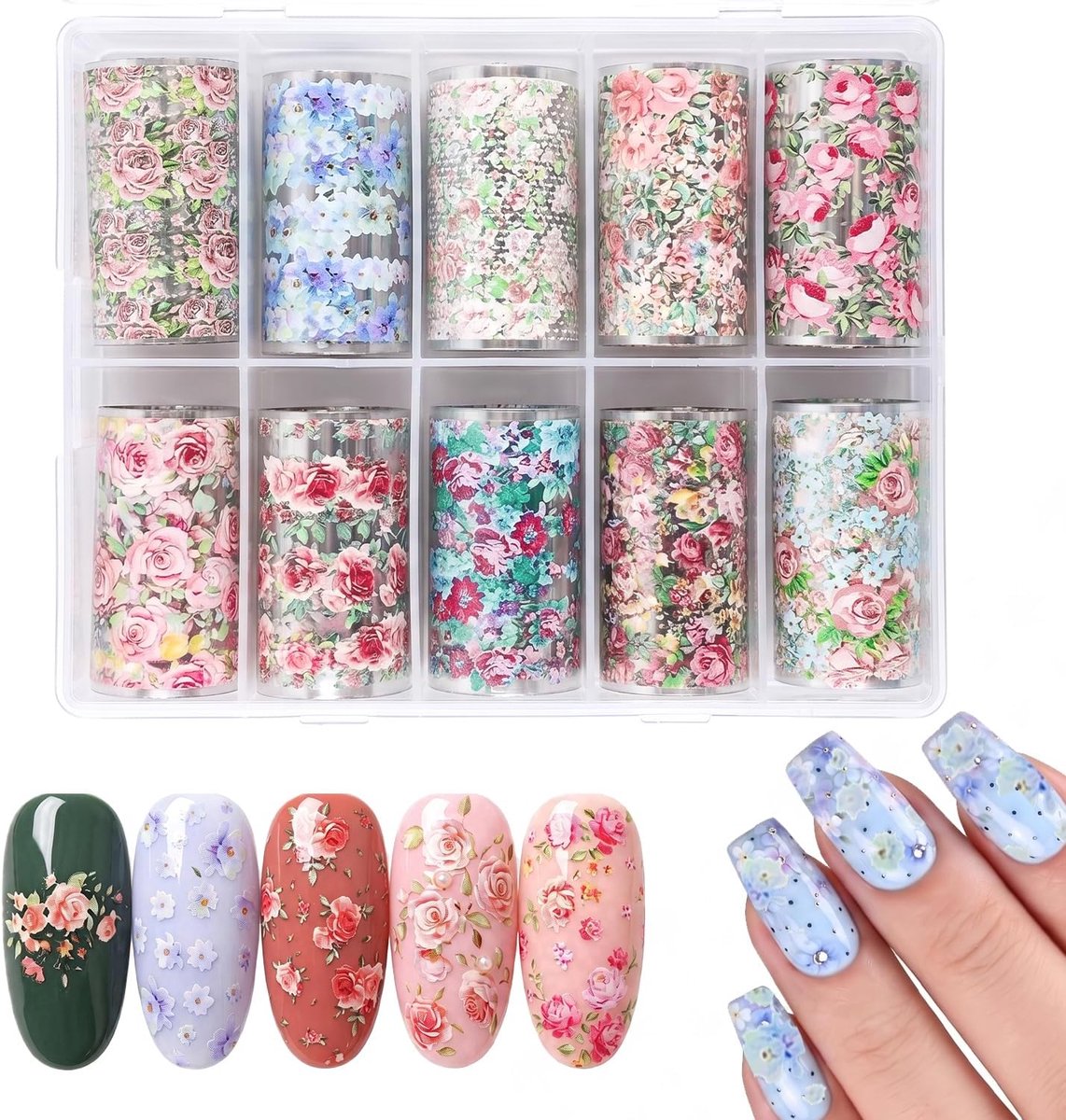 Nagelfolien bloemen 10 rollen - 4x50cm - levendige kleuren - voor unieke nagelcreaties - ShopVlot
