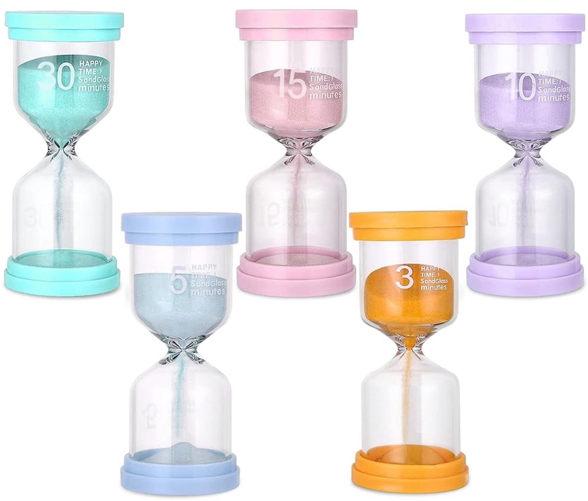 Set van 5 kleurrijke zandlopers voor kinderen - tijdwaarnemer - zandloper timer 3min/5min/10min/15min/30min - ideaal voor tandenpoetsen, huiswerk, spelletjes