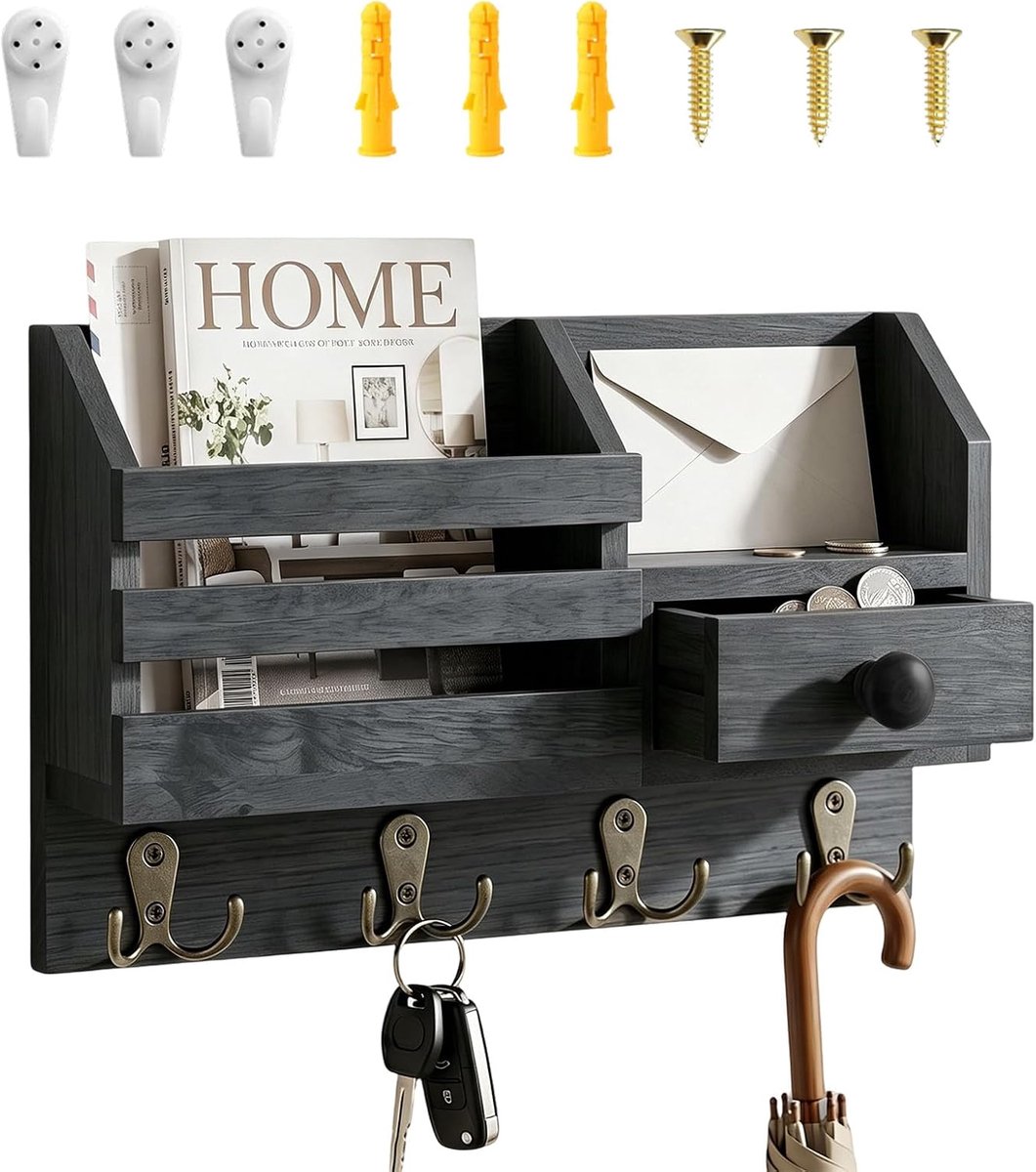Sleutelrek met plank - houten sleutelkastje - vintage stijl - multifunctioneel opbergsysteem - ShopVlot