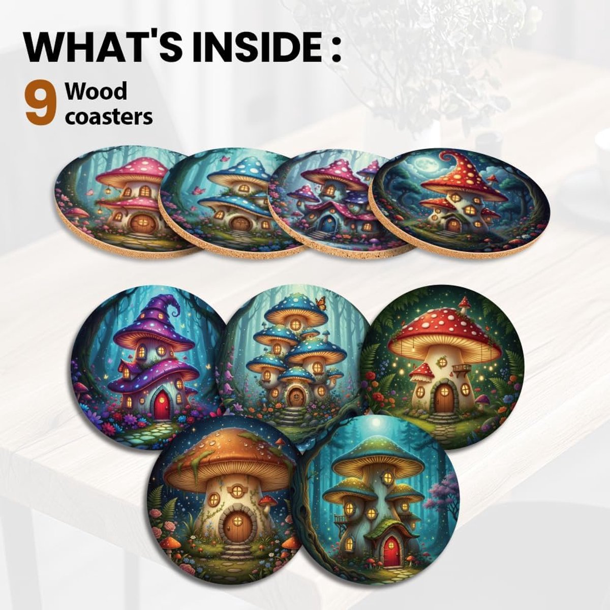 Houten coasters rond 9 stuks - paddenstoelenhuis design - herbruikbaar - ideaal voor tafeldecoratie - ShopVlot
