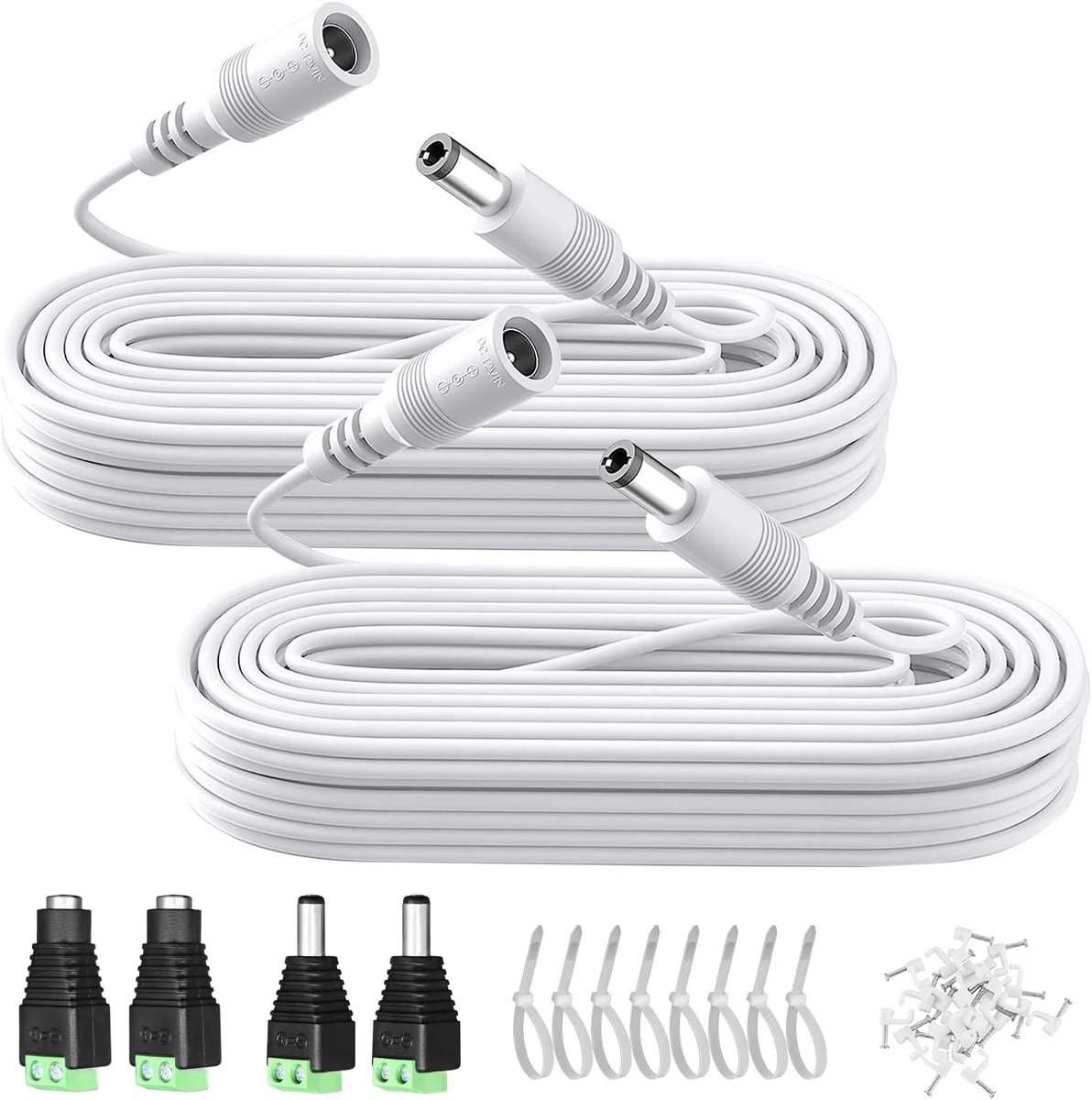 2pcs 6m DC Power Extension Cable, 5.5mm x 2.1mm, 12V DC Extension Cable with Power Connector Plugs/Cable Clips/Cable - ShopVlot