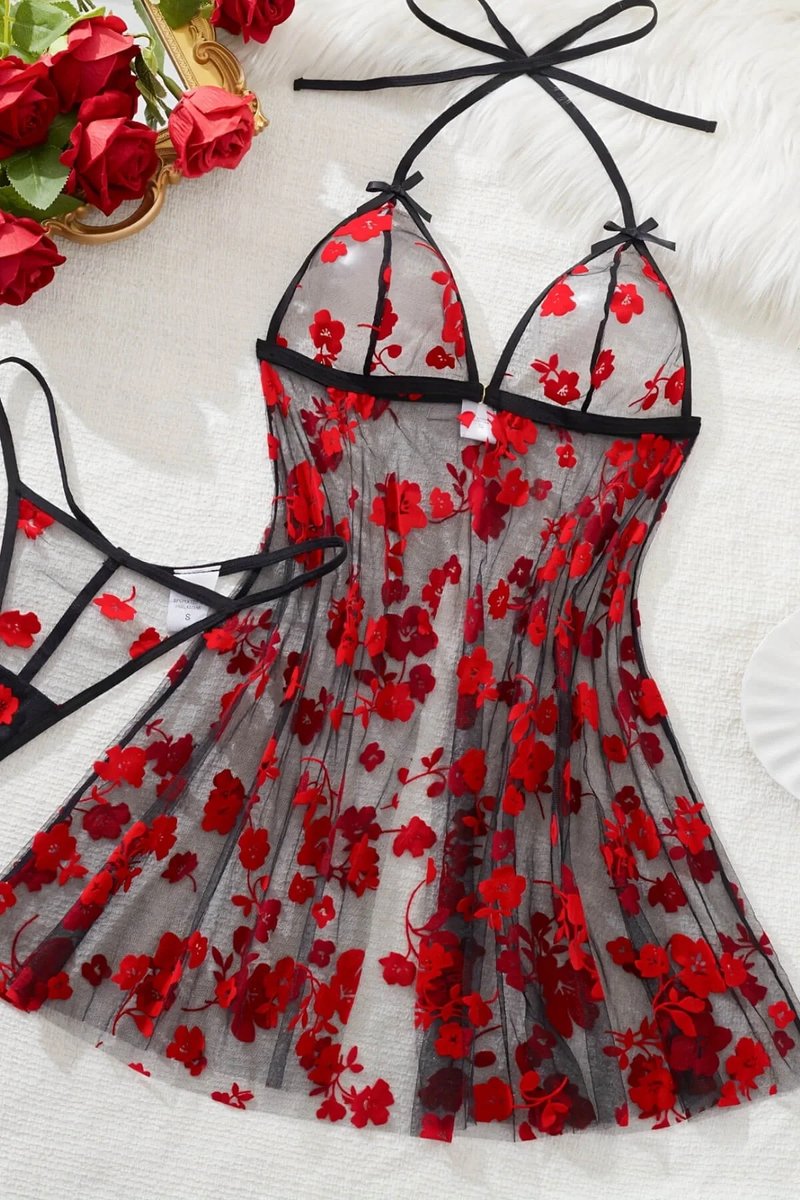 Zwart Transparant Babydoll Nachtjapon met Bloemenpatroon en Halsbandsluitng - Maten S tot XL