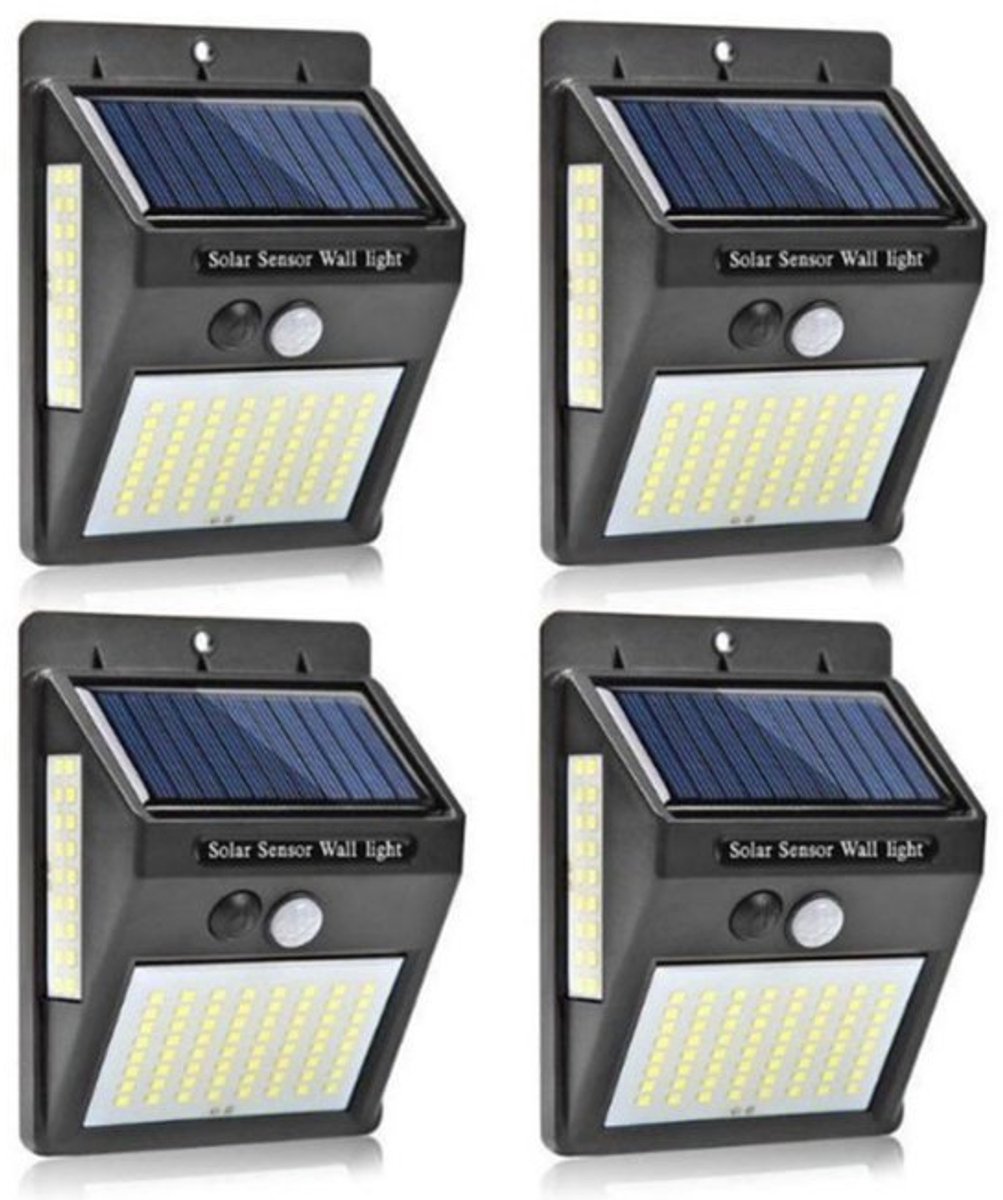 Buitenlamp op zonne-energie met bewegingssensor - 100LED zonne-energielamp - IP65 waterdicht - 1200mAh buitenspot - Draadloze beveiliging Tuinwandlamp - 4 stuks