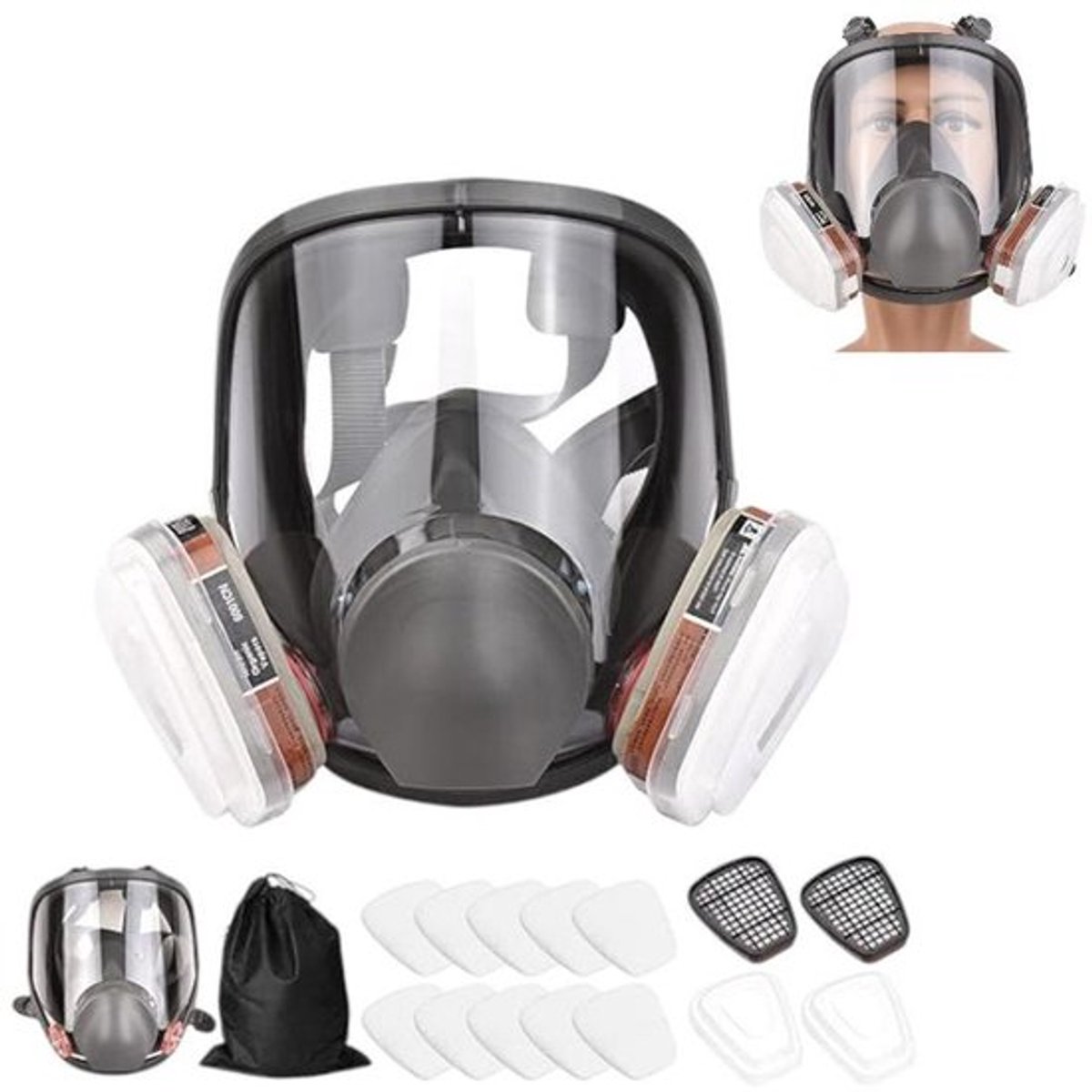 16 stuks - Herbruikbaar volgelaatsmasker - Gasmasker - Verfspuitstof - - Breed gezichtsveld - Geschikt voor verfspuiten, polijsten, lassen - Stoommasker - Brandweermasker