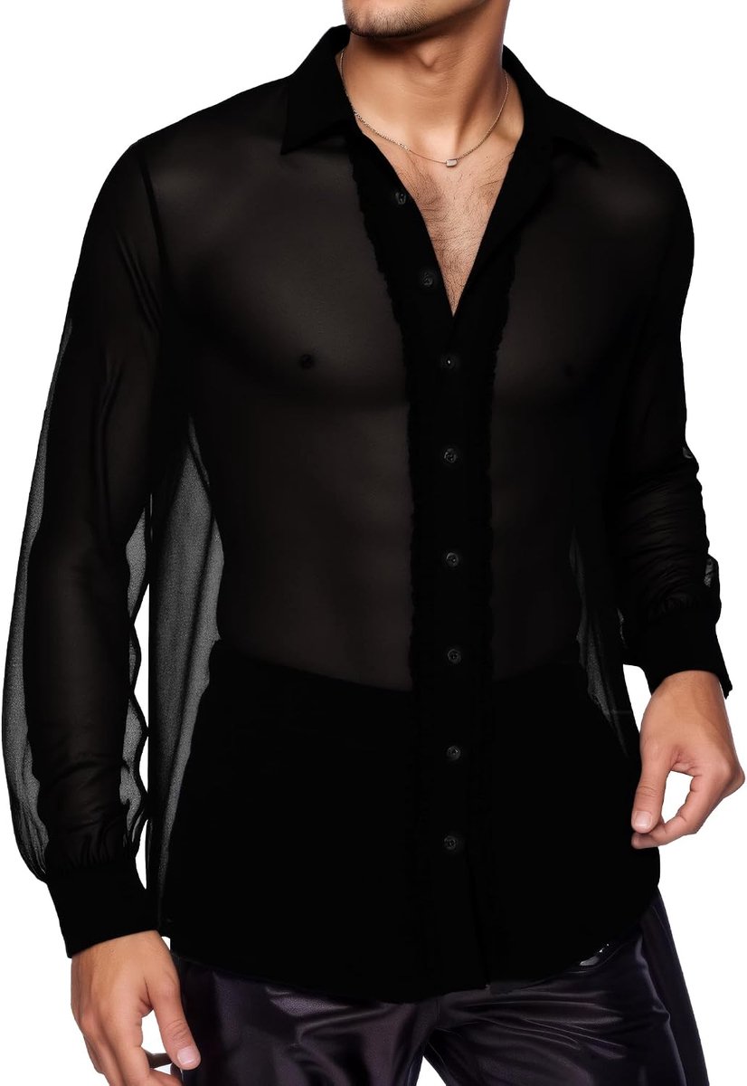 Chiffon Shirt voor mannen - lange mouwen - transparant - sexy cluboutfit - ShopVlot
