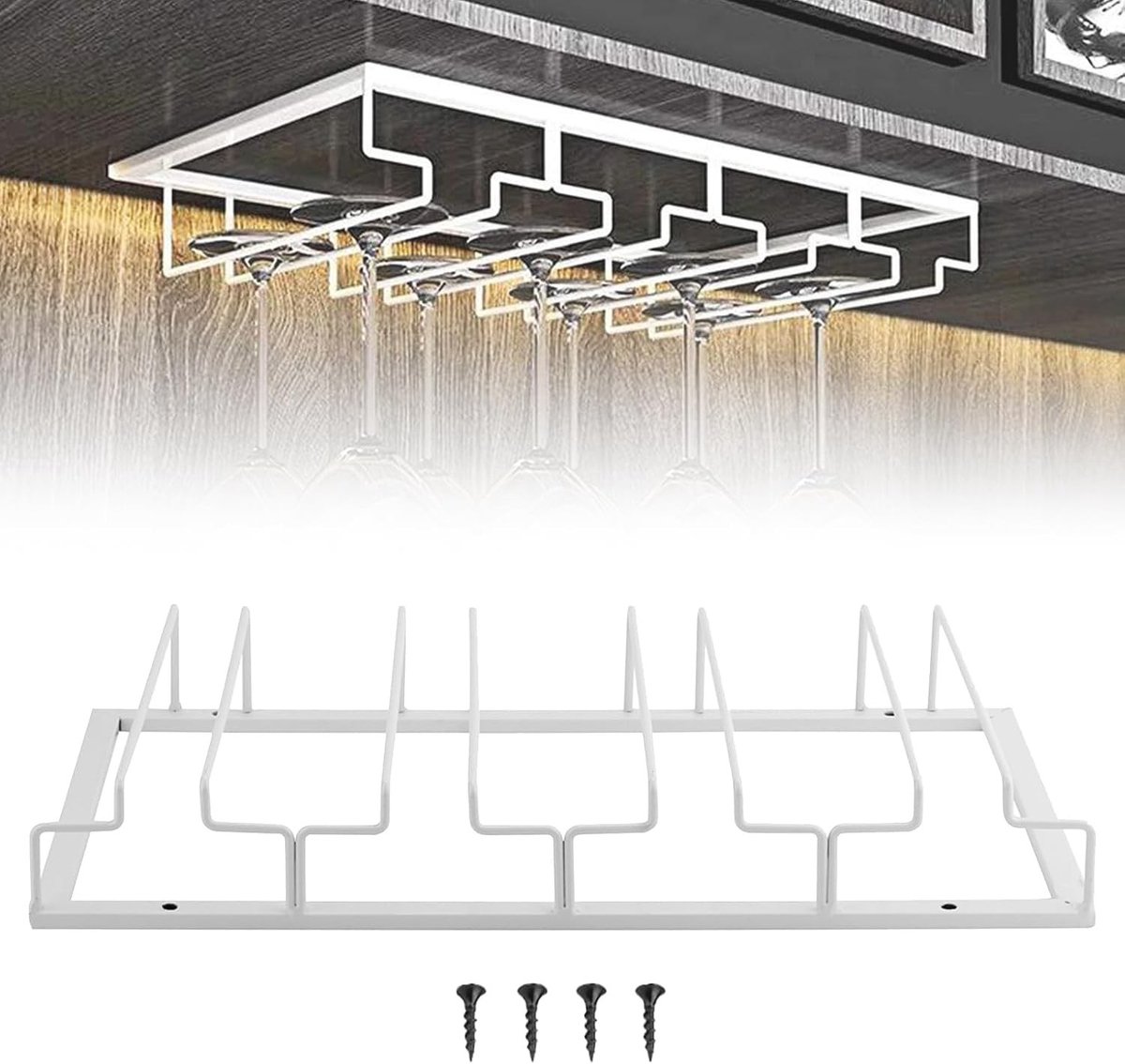 Hangend wijnglasrek met hoge poten - Metalen wijnglashouder voor witte bars en keukens, 3 rijen, 4 slots, ideaal voor opslag en decoratie