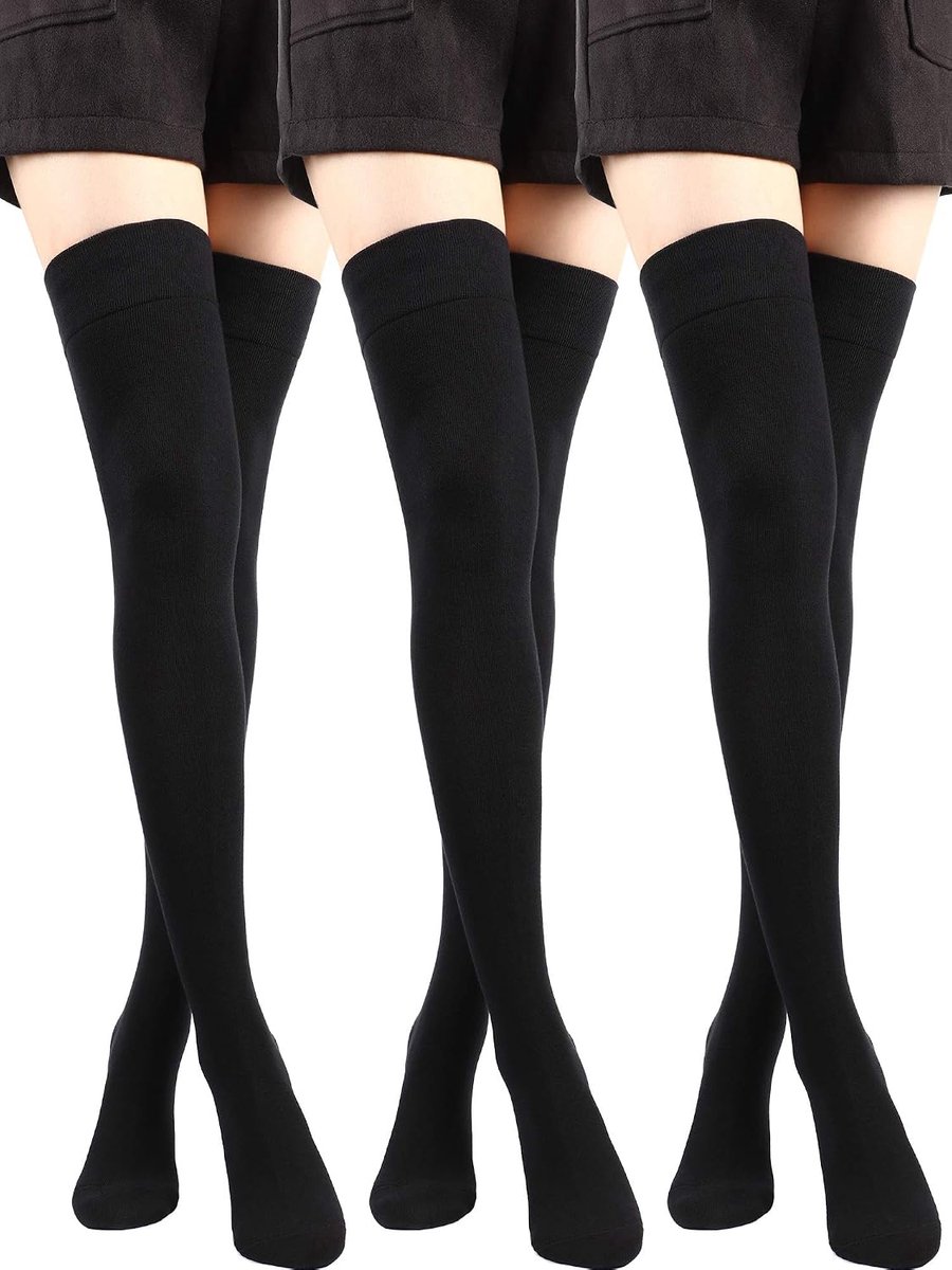 SATINIOR , Women's 3 Pairs Over Knee Socks Cotton High Thigh Stockings Long Boot Stockings Black - ShopVlot