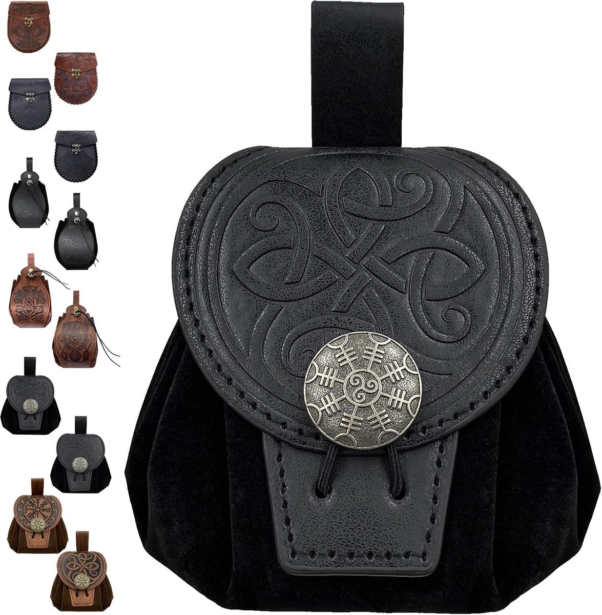 LUKIUP Medieval Waist Bag Embossed Faux Leather Renaissance Faux Leather Belt Bag Set, Color: d, B-type four-leaf black - ShopVlot