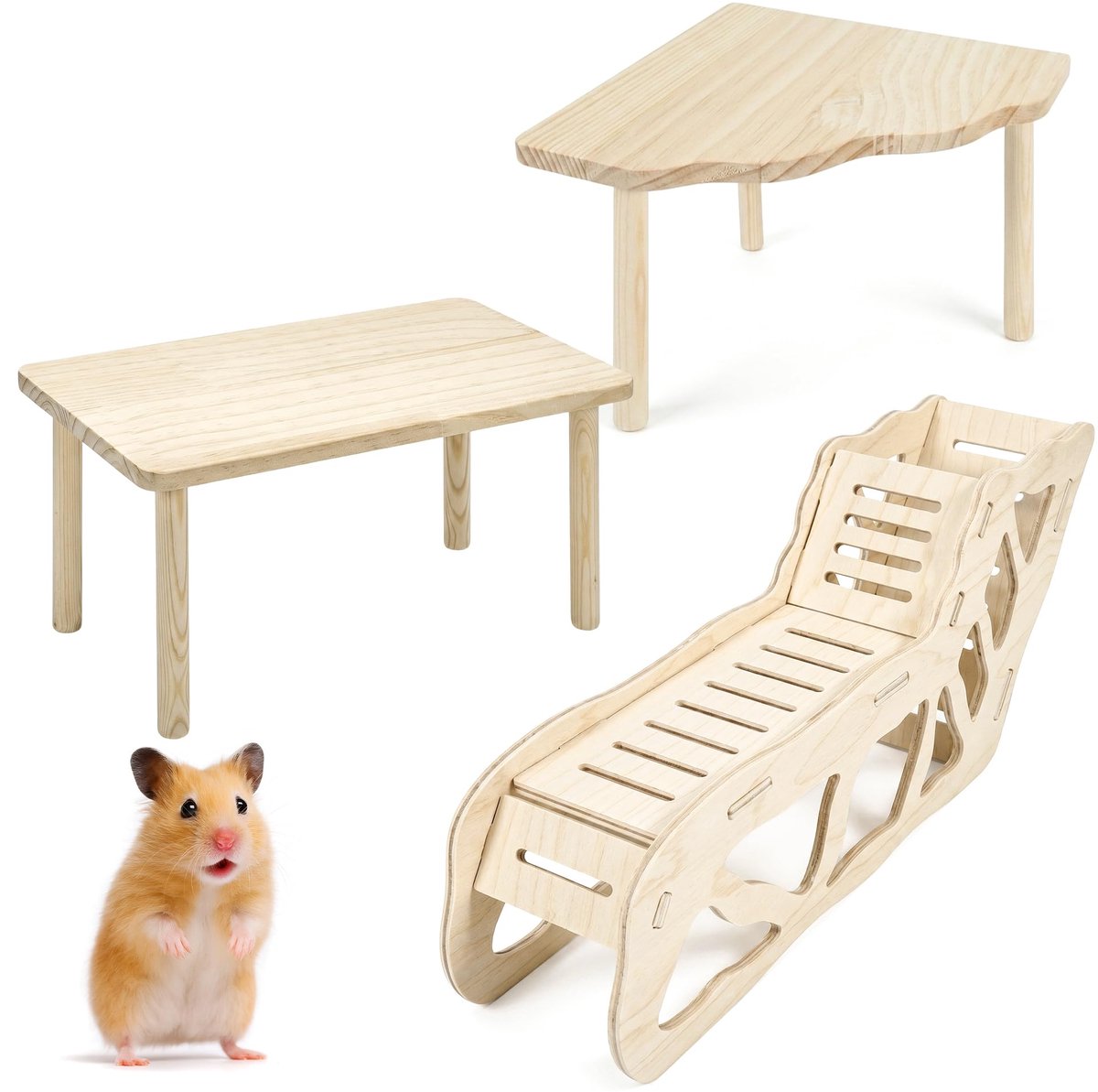 UICCVOKK 3 stuks houten hamsterplatform met ladder - natuurlijk massief hout - ShopVlot