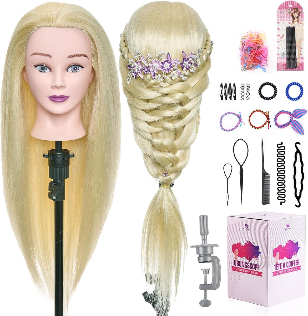 NEVERLAND Hairdressing Head Head with Exercise Head Stand, 24 Inches, 50% Hairdressing Head Real Hair, Doll Head for - ShopVlot