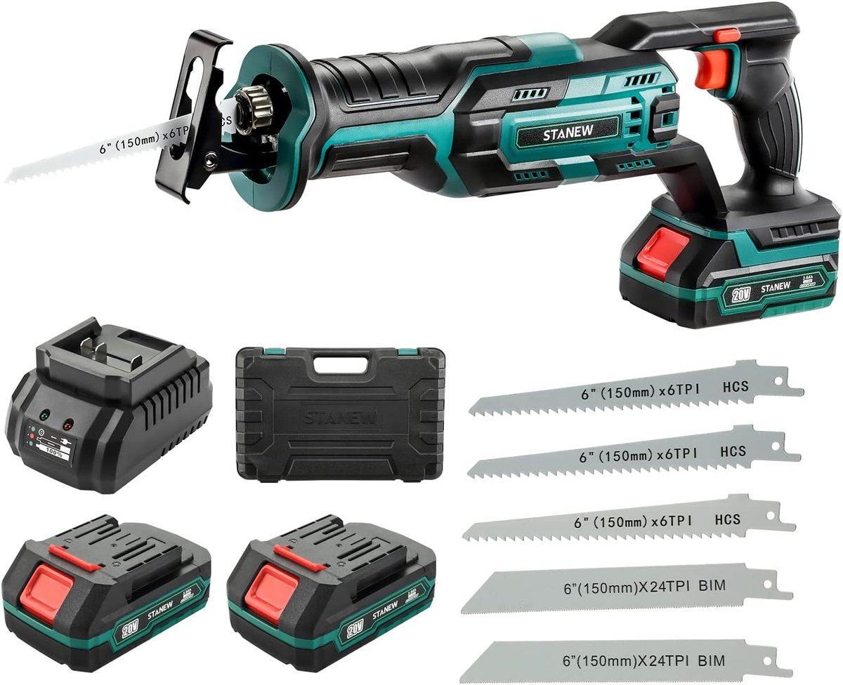 STANEW Cordless Reciprocating Saw 18 V Reciprocating Saw with 2.0 Ah Battery, Electric Saw, Adjustable Speeds 0-3000 - ShopVlot