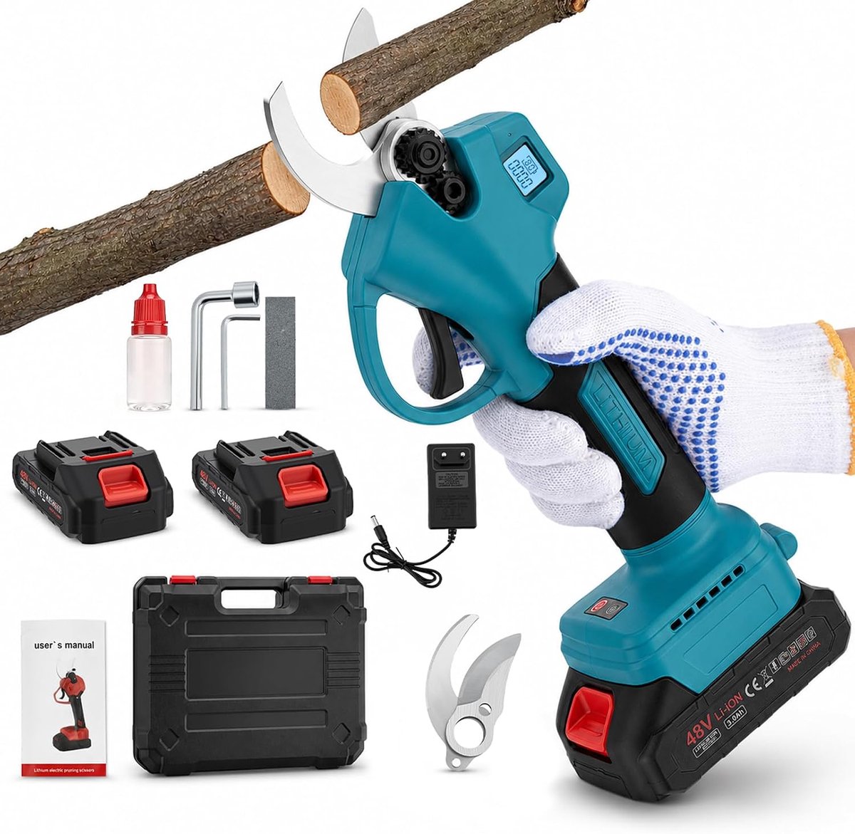 Accutakkenschaar, max. 45 mm accu-snoeischaar met 2 x 2,0 Ah accu's, borstelloze motor, lcd-display, draagtas - ShopVlot