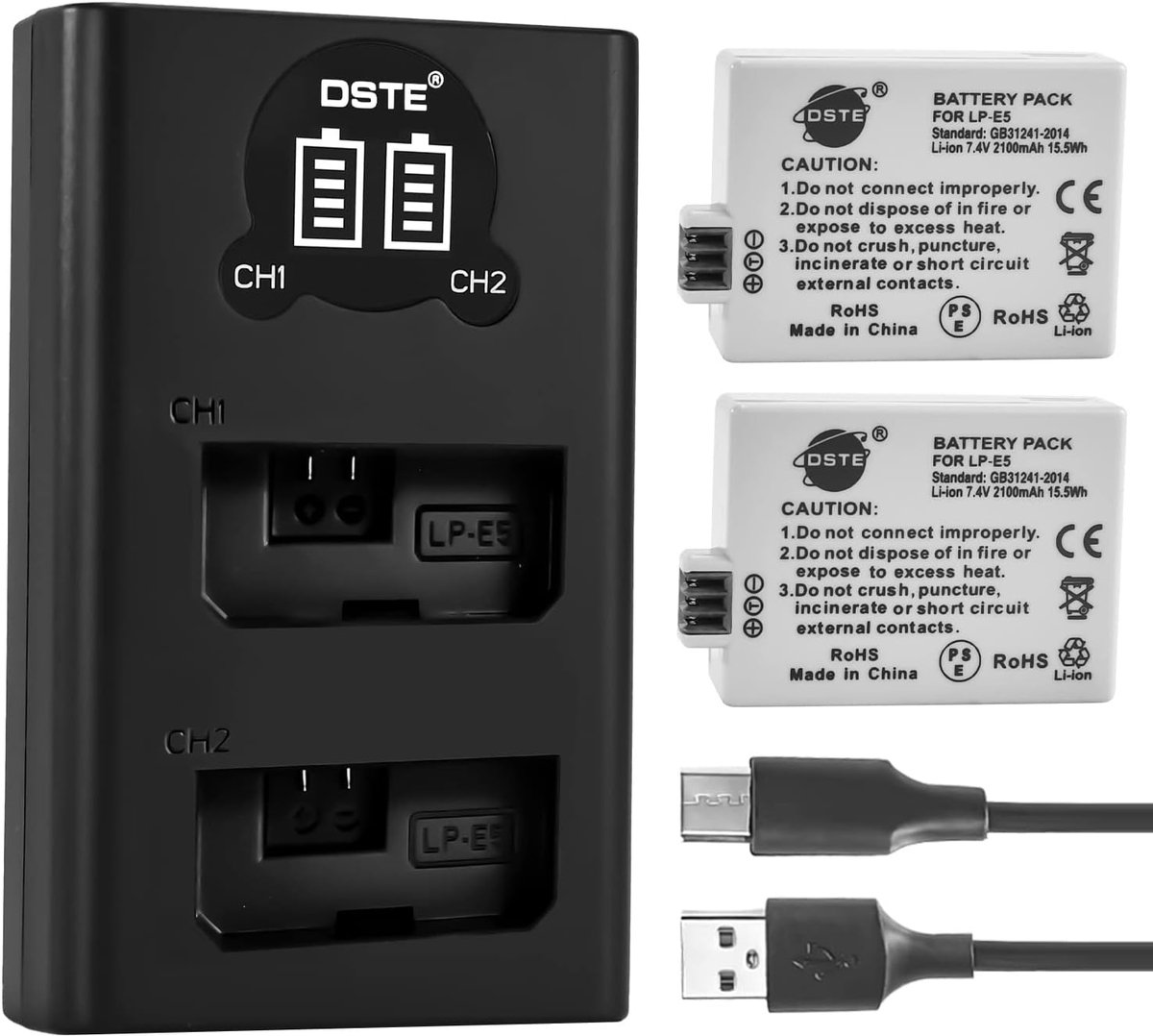 DSTE LP-E5 Battery (2-Pack) and Smart LED Dual USB Charger Compatible with Canon EOS 450D 500D 1000D - ShopVlot